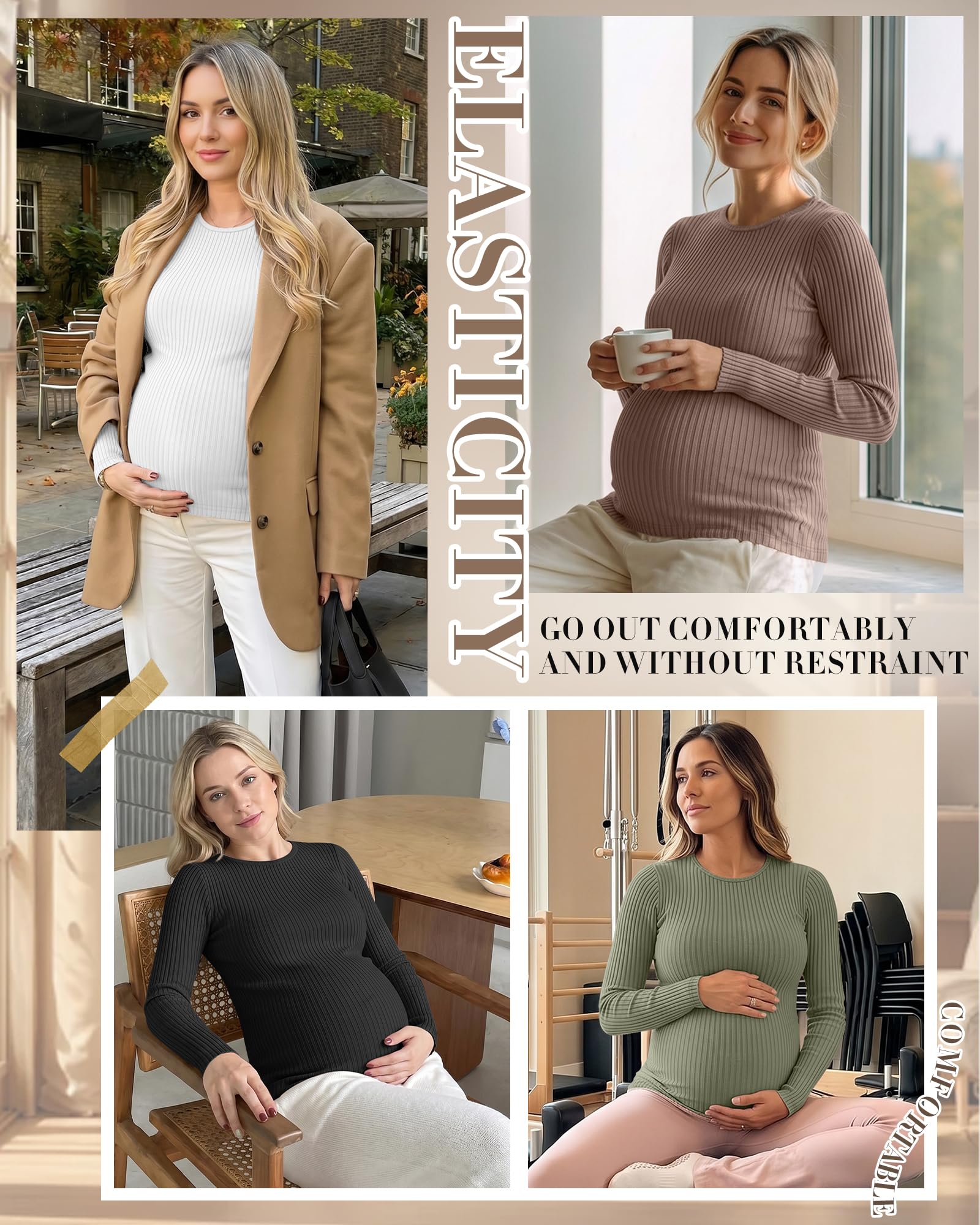 Xuniea Lot de 4 T Shirts Maternité Femme Maille Côtelée Manches Longues Col Rond Tunique Basique Décontractée
