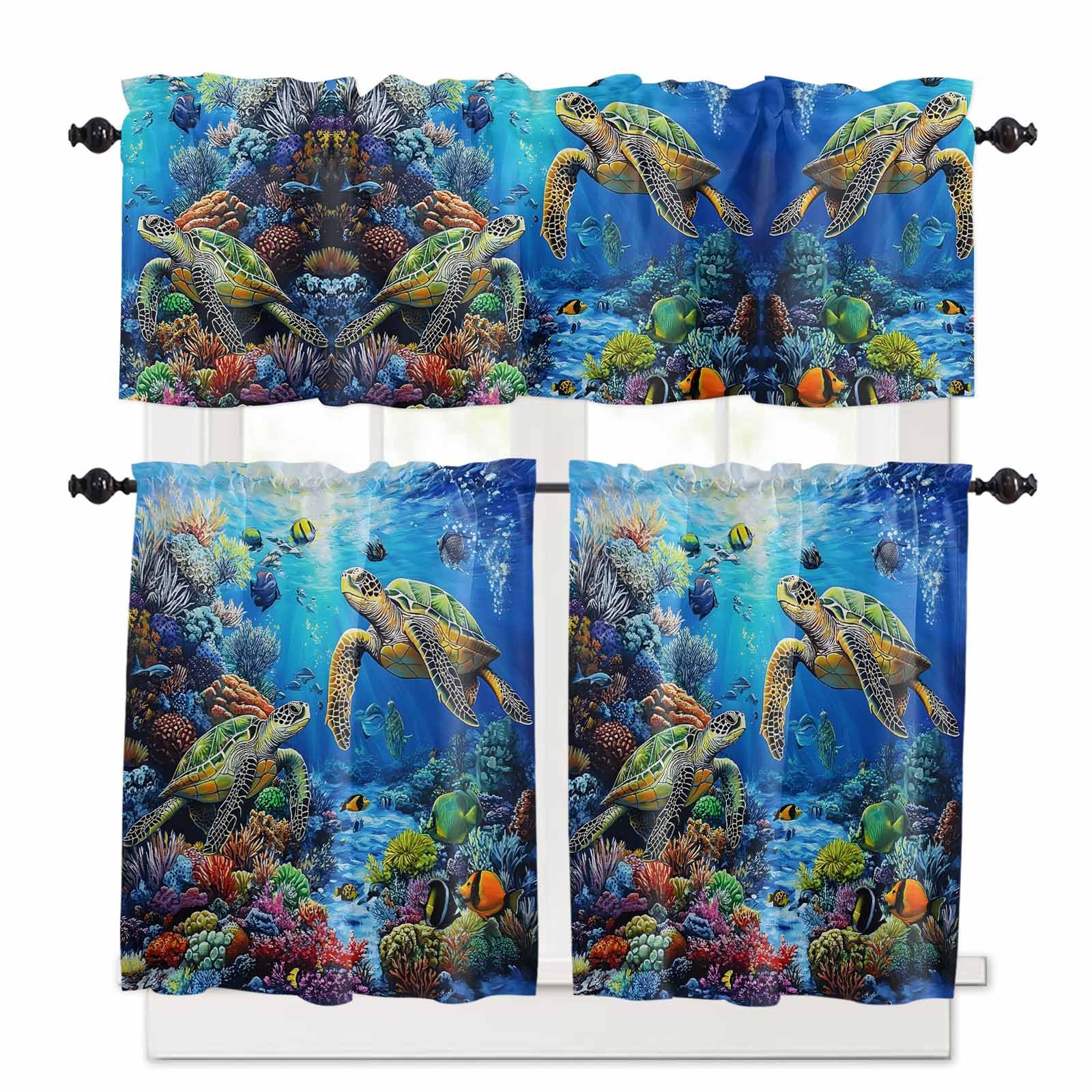Blue Sea Turtle Ocean Kitchen Curtains 36 Inch Length, 3 Piece Rod Pocket Small Half Tiers and Valance Set, Colorful Coral Sea Underwater Small Large Window Treatment Decor for Bedroom/Bathroom Sink
