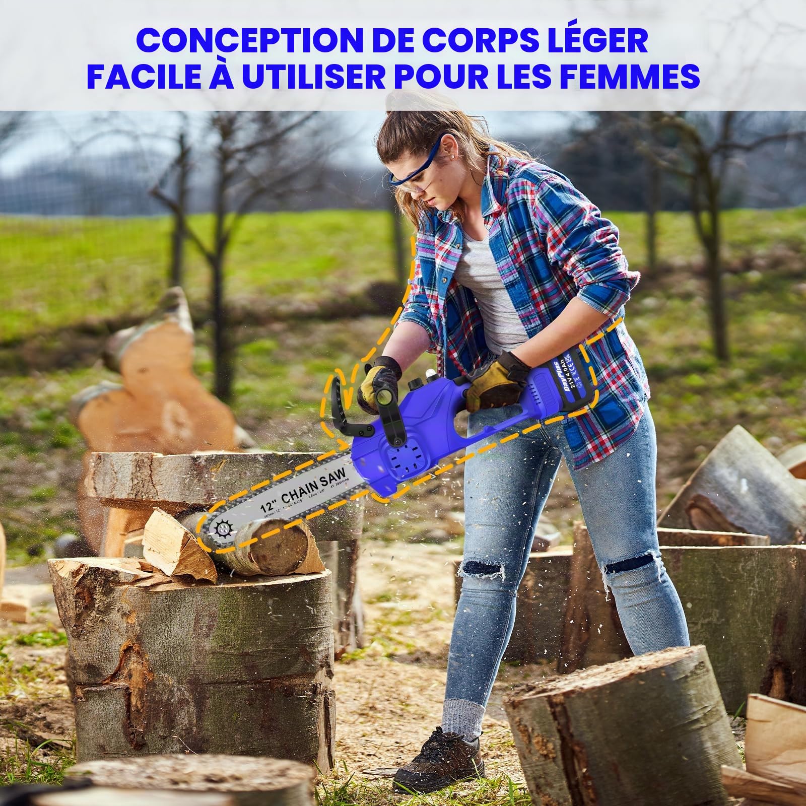 Tronçonneuse à Batterie 12 Pouces Tronçonneuse Électrique Sans Fil 21V avec Système d'Huile, Batteries Rechargeables 4000mAh et 2 Chaînes pour Jardinage, Arboriculture et la Coupe de Bois