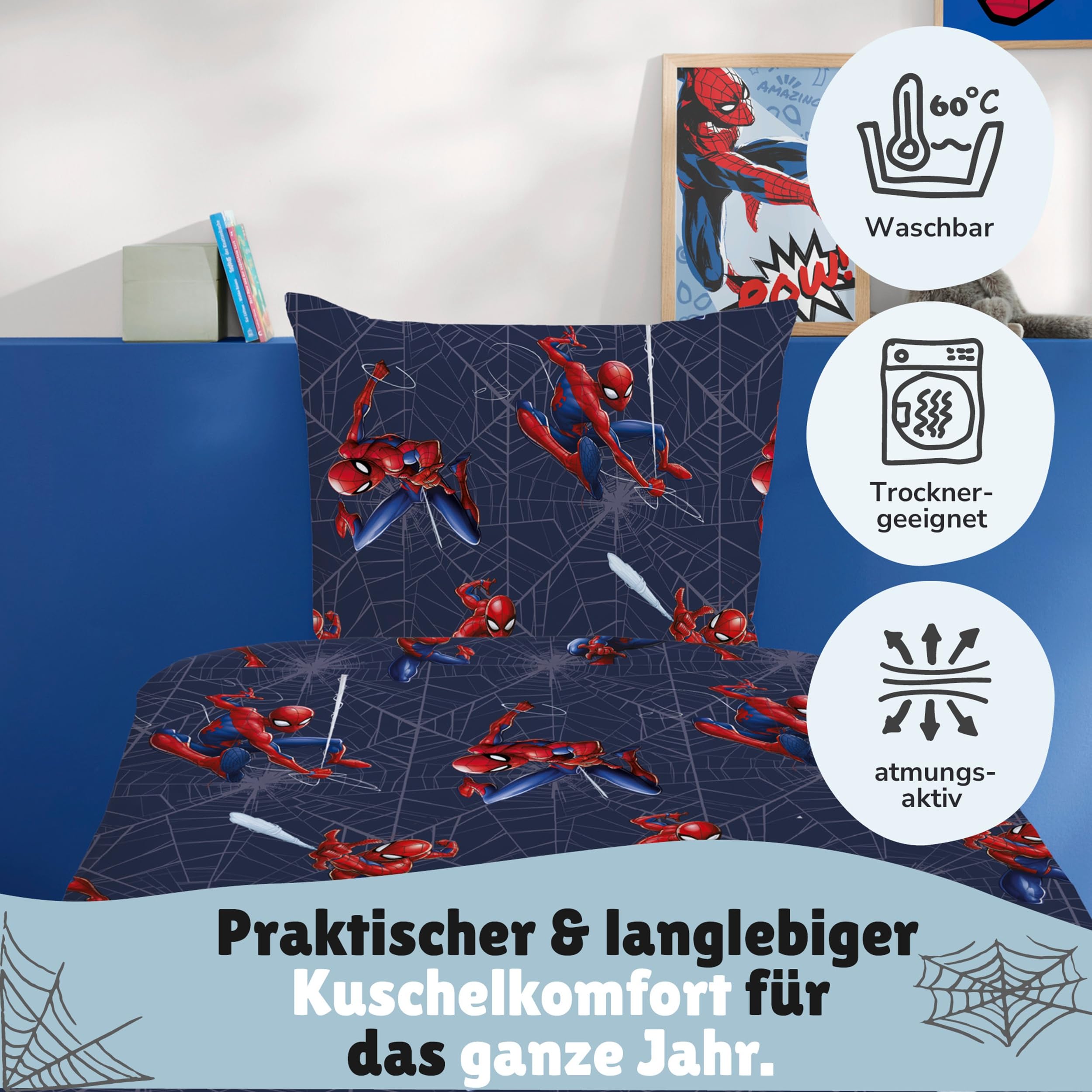 Familando – Marvel Spiderman Bettwäsche Set (2-teilig) – Decken- & Kissenbezug 135x200 cm & 80x80 cm mit Reißverschluss – 100% Baumwolle Renforcé – Wendemotiv mit Spiderman