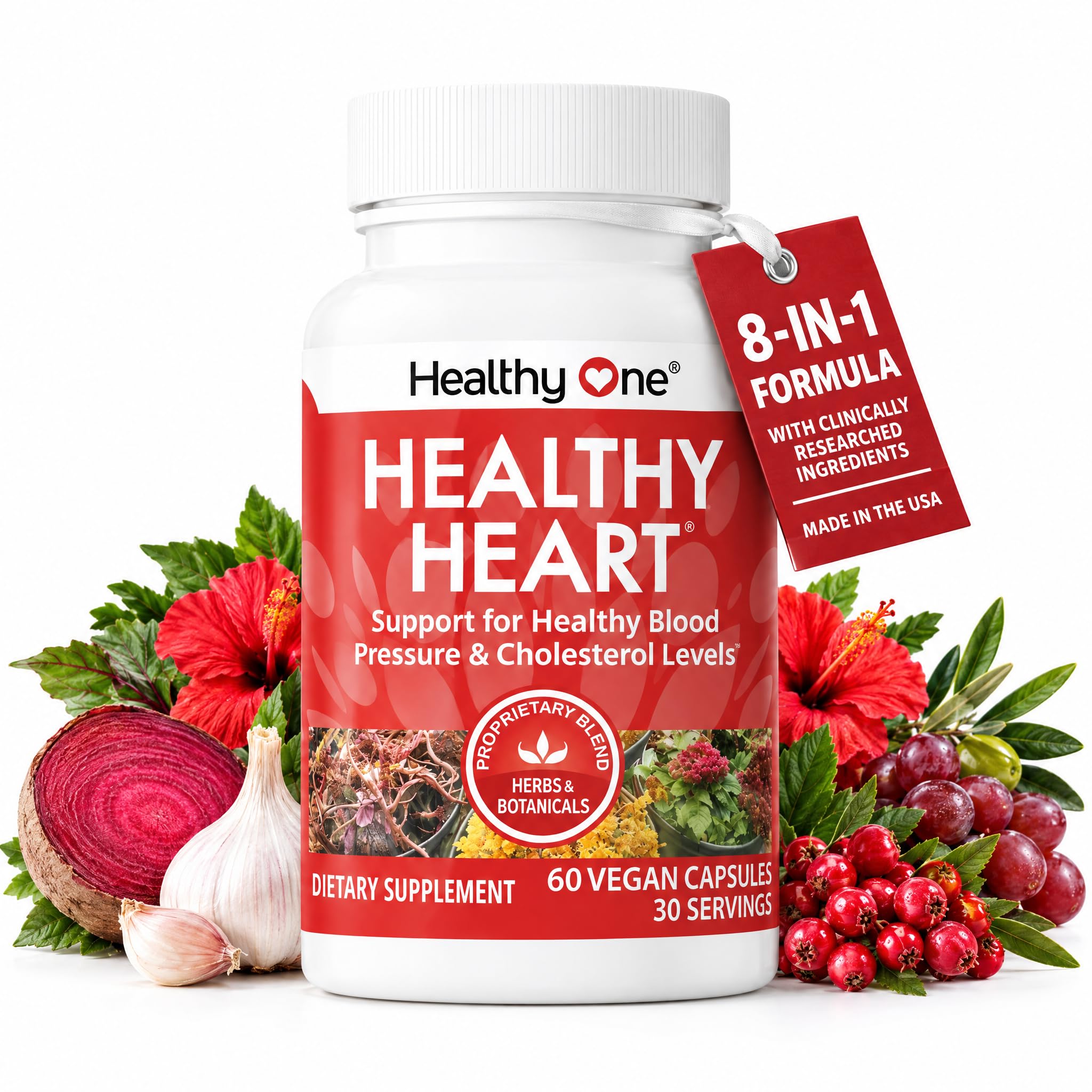 Healthy Heart - Προάγει την υγιή Cholesterol Circulation & Blood Pressure - Plaque - Cortisol - Αρτηρίες - LDL - HDL - CoQ10 - Hawthorne - Beet Root - Σκόρδο - Olive Leaf - Hibiscus - 60 Count