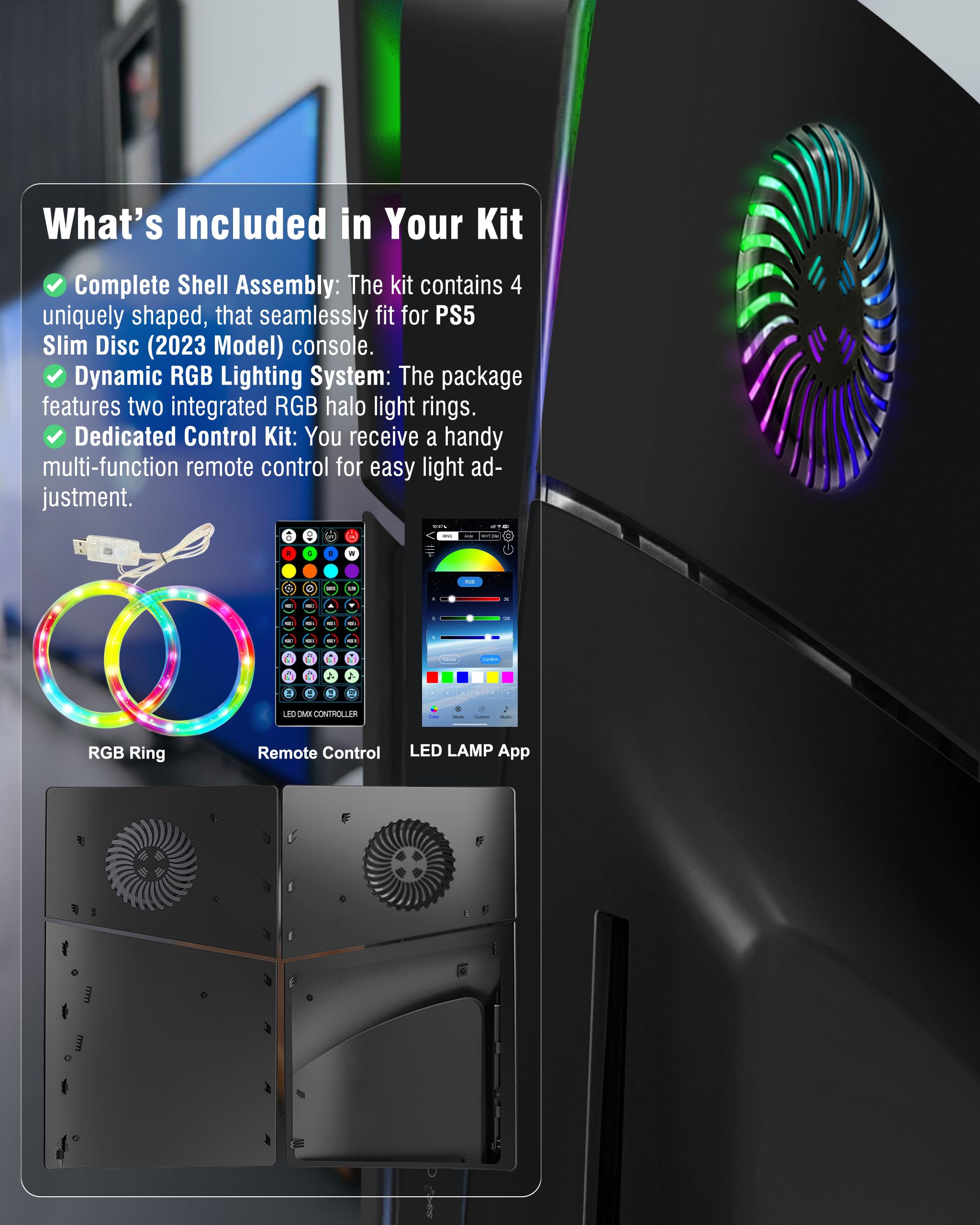 Joso Panel frontal para PS5 Slim Disc Edition, resistente a los arañazos, a prueba de polvo, funda de repuesto con anillo RGB, cubierta para PS5 Slim (CD-ROM) y placas para PS5 Slim accesorios, color