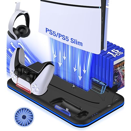 PS5 Stand with Cooling Station and Controller Charging Station for PlayStation 5 Slim Console, PS5 Controller Charger, Cooling Stand, LED Light, Headset Holder for PlayStation 5 Accessories