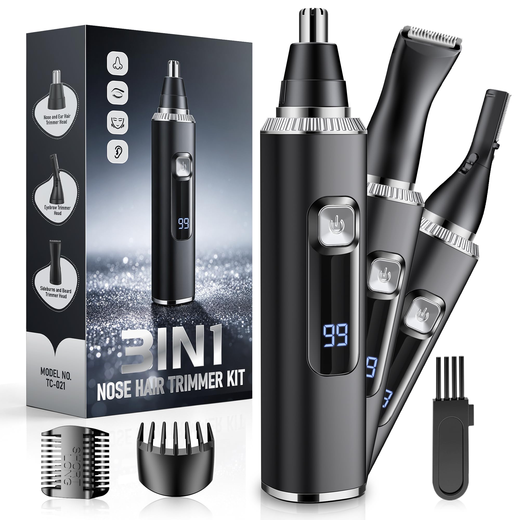 Nose Hair Trimmer for Men,3 in 1 USB Nose Trimmer with LED Display,Painless Dual Edge Blades Nasal Hair Trimmers for Men,Eyebrow Razor Scissors,Ear Facial Hair Remover,IPX7 Waterproof,Easy Cleansing