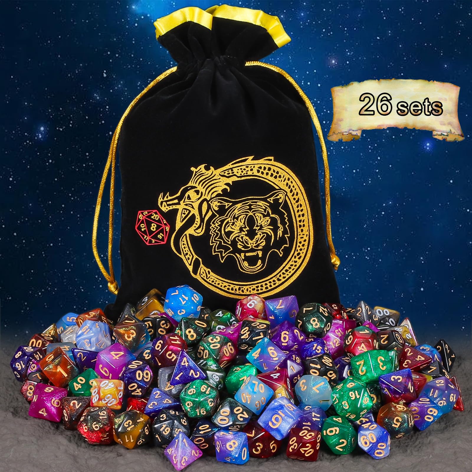YILAIDA Dés polyédriques, 182 pièces – 26 couleurs jeux de rôle paillettes dés pour DND RPG MTG Jeux de table Dice D4 D6 D8 D10 (00-90 et 0-9) D12 D20