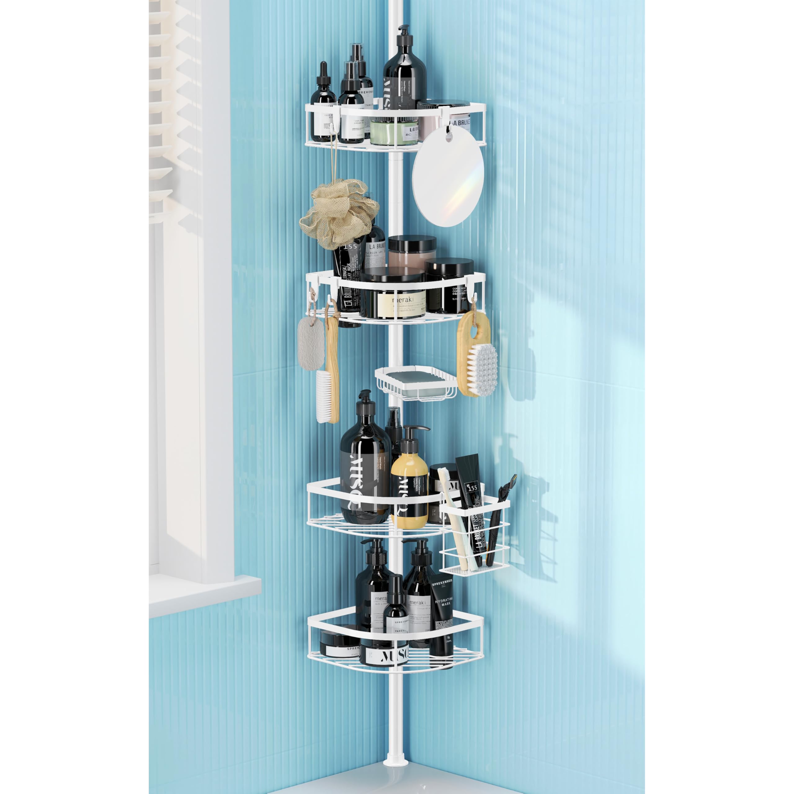 TIMIANO Shower Caddy Tension Pole 4-Tier Adjustable Corner Shower Standing Caddy Rustproof Shower Rack for Bathroom Bathtub with