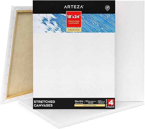 Arteza Lienzos estirados para pintura, paquete de 4, 18 x 24 pulgadas, lienzos blancos en blanco, 100% algodón, 12.3 onzas imprimadas con geso,