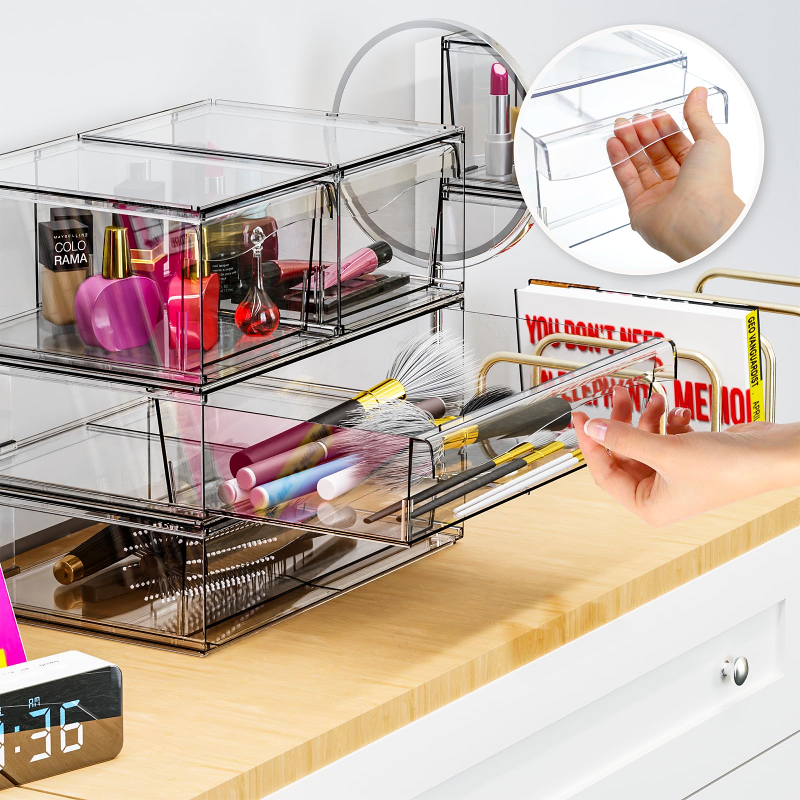 6 Pack Large Acrylic Drawer Organizer Stackable,12''W Clear Acrylic Organizer Drawers for Makeup Palettes,Cosmetics,Beauty Products,Plastic Storage Drawer,Office Cabinet Organizers for Pen,Stationary
