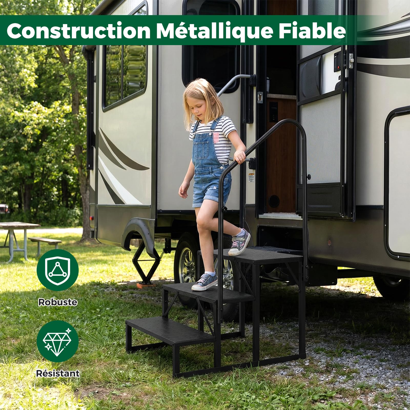 COSTWAY Marchepieds pour Camping-Cars 3 Marches avec Main Courante, Escabeau avec Larges Plateformes Antidérapantes, Escalier pour Porche Maison Mobile Piscine, Charge 300 kg