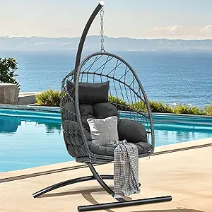 DWVO Egg Chair with Stand, Hanging Outdoor Rattan Wicker Patio Hammock Indoor Egg Chair with Cushion, Hanging Swing Chair 300lbs for Porch, Garden, Bedroom, Balcony, Gray