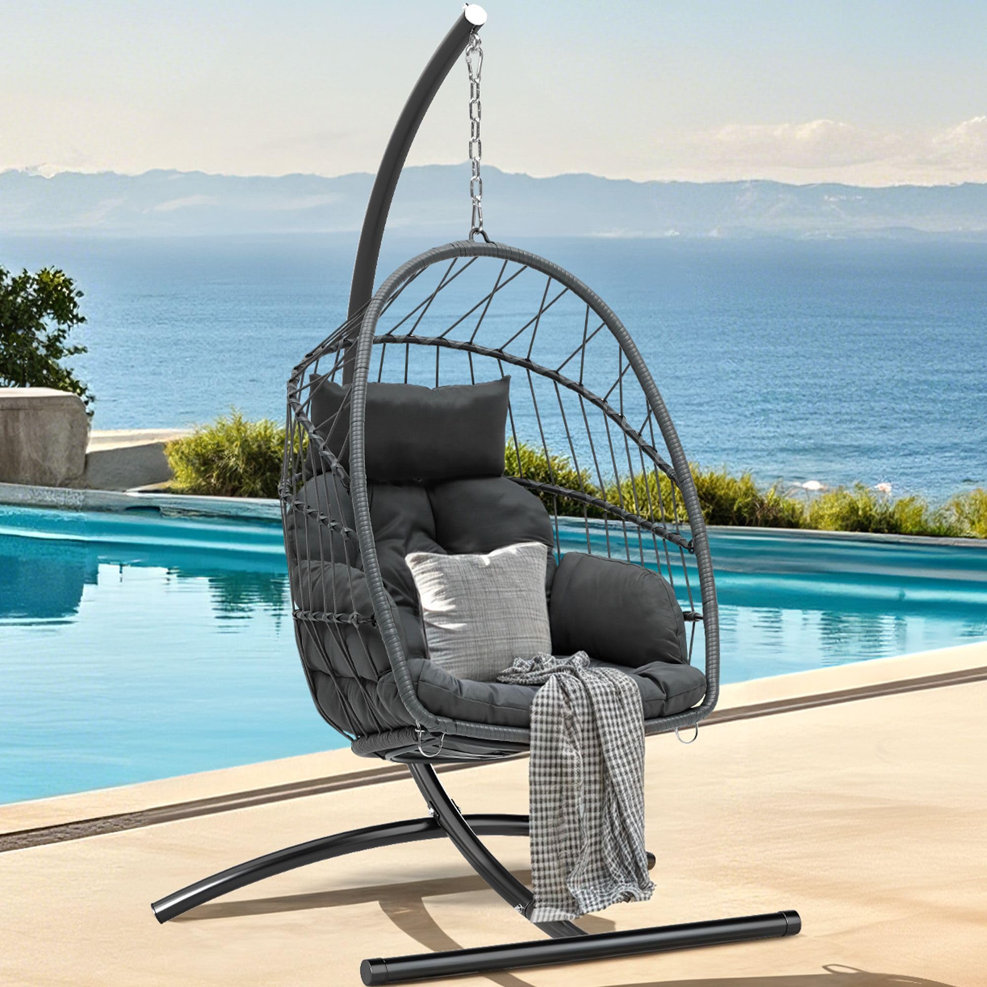 dwvo egg chair with stand, hanging outdoor rattan wicker patio hammock indoor egg chair with cushion, hanging swing chair 350lbs for porch, garden, bedroom, balcony, gray