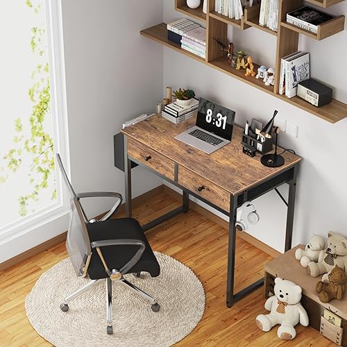 Miniatura 2 de Lufeiya - Escritorio pequeño para computadora para dormitorio, oficina en casa, 2 cajones de tela de almacenamiento y bolsa, mesa de estudio para