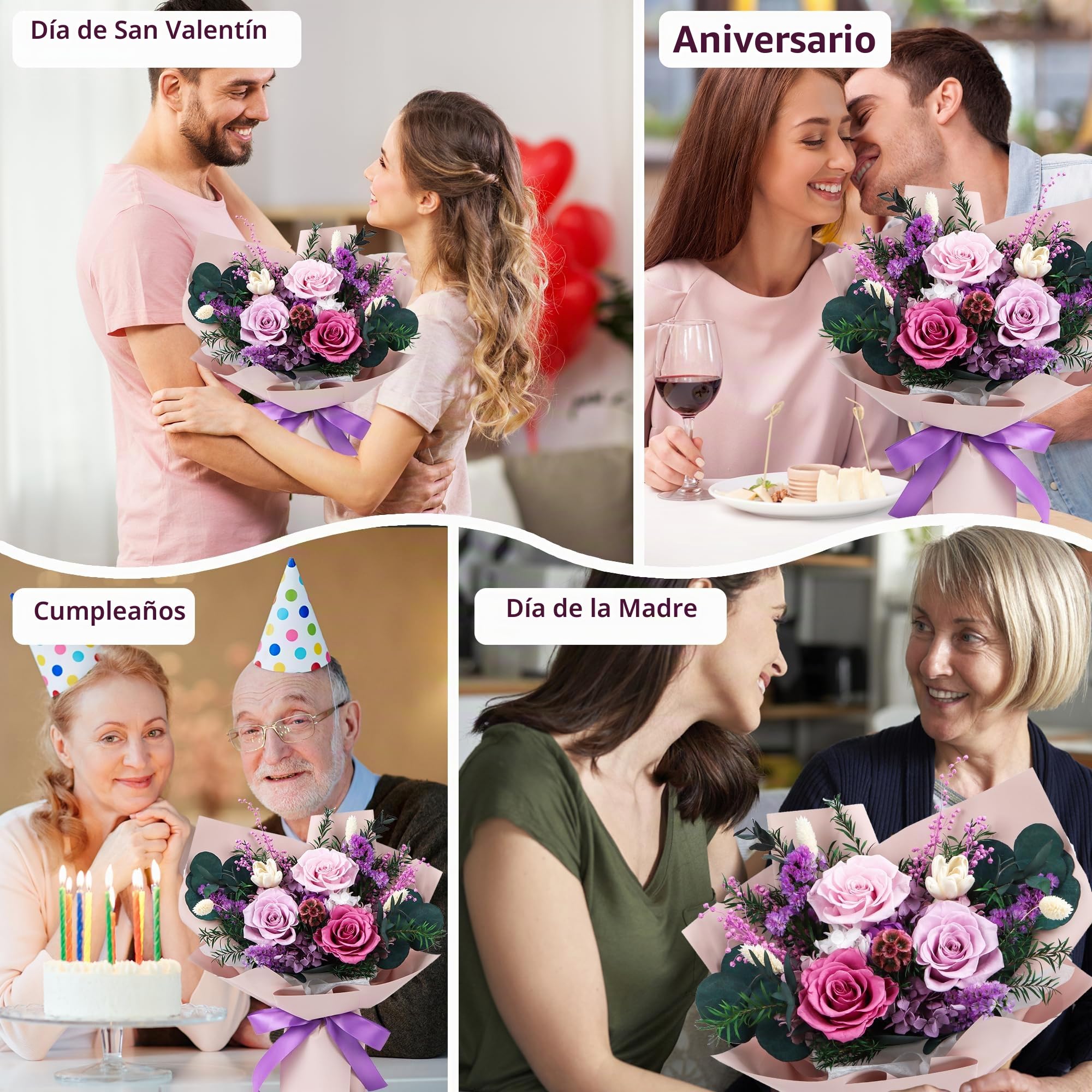 Ramo de flores preservadas, flores eternas reales | Regalos para mujeres, regalos de cumpleaños para mamá, amigos, novia, hermana, San Valentín (lila pastel)