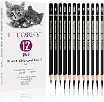 HIFORNY 12 Pièces Crayons de charbon Ensemble de dessin - Super Soft,Soft,Moyen et Crayons de charbon dur pour le dessin, le sketching, le revêtement, le bendage, le portrait