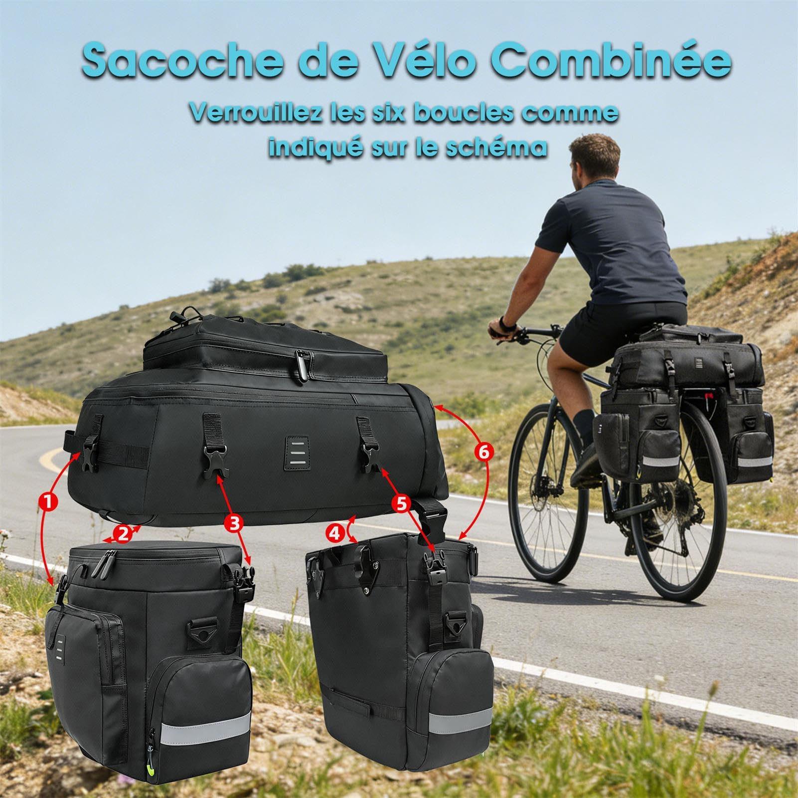 Sacoche Velo Porte Bagage Arriere, Sacoche Vélo 3 en 1 Multifonctionnel Étanche Grande Capacité Sac Velo avec Housse Imperméable, Sac à Dos pour VTT/Outdoor Voyage/Sport