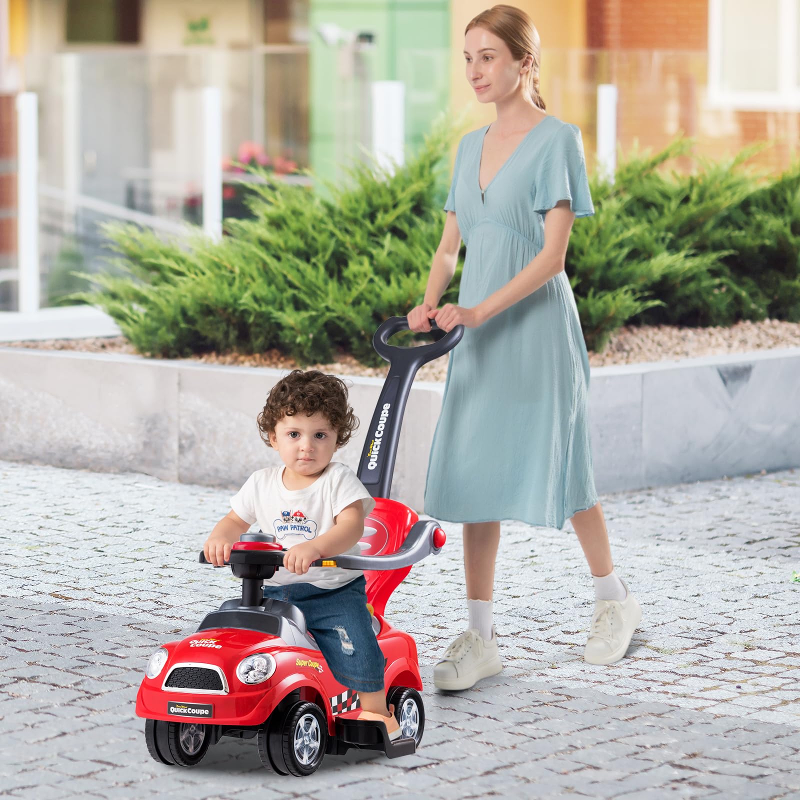 COSTWAY 3 in 1 Rutschauto Schiebeauto, Rutschfahrzeug mit abnehmbarem Schiebgriff, Schutzbügel & verstecktem Stauraum, Spielzeugauto für Kinder von 2 bis 6 Jahren (Rot)