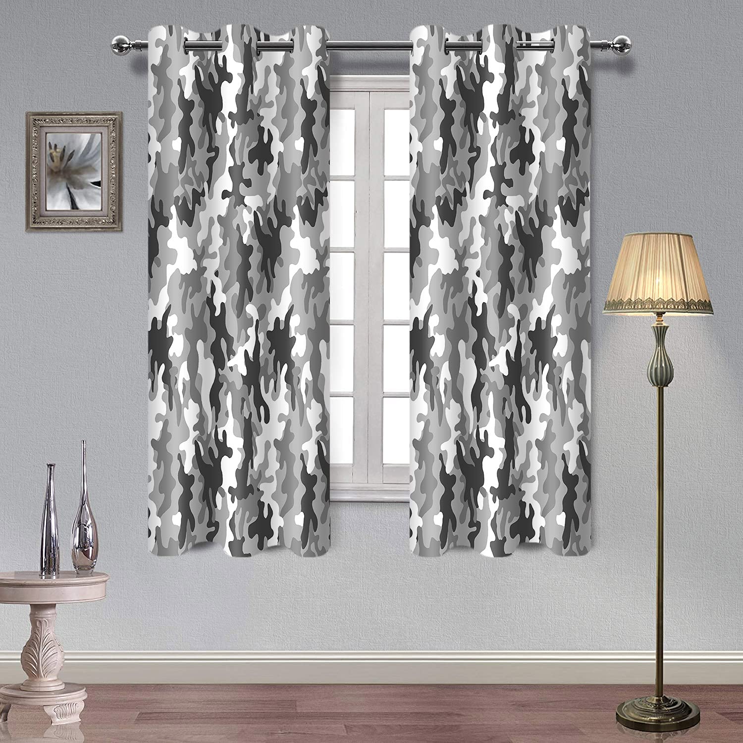 Camouflage Curtains Kids Camo Teens Blackout Curtains Military Style Adventure Theme Curtain Modern Black White Gray Abstract Window Drapes 2 Panels