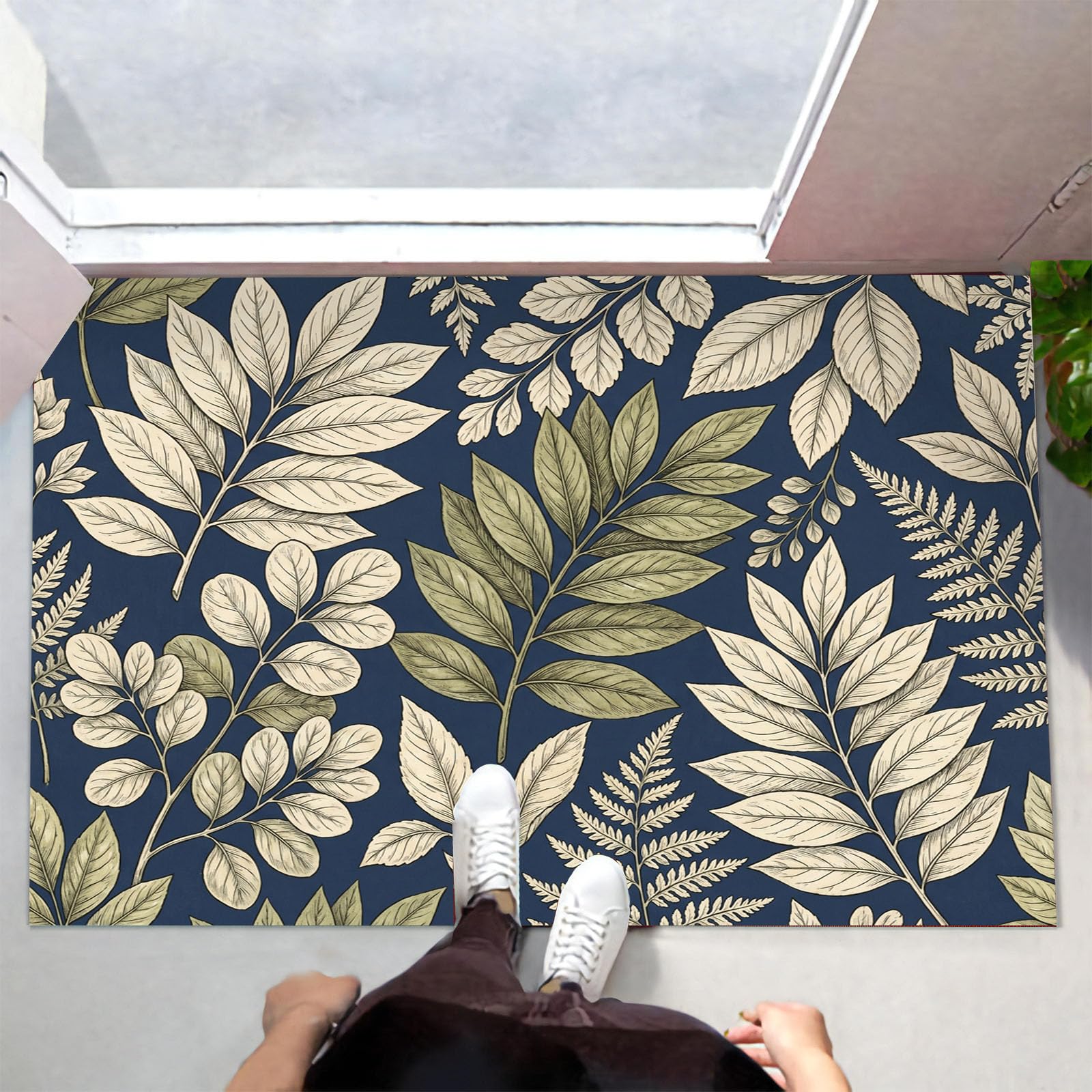 Zerbino Interni Foglie E Rami Vintage 80X120Cm, Antiscivolo Lavabile, Tappeto Da Ingresso Eleganti Piante Da Campagna, Tappetino Pelo Basso Antipelo Per Porta D’Ingresso, Grigio Antracite