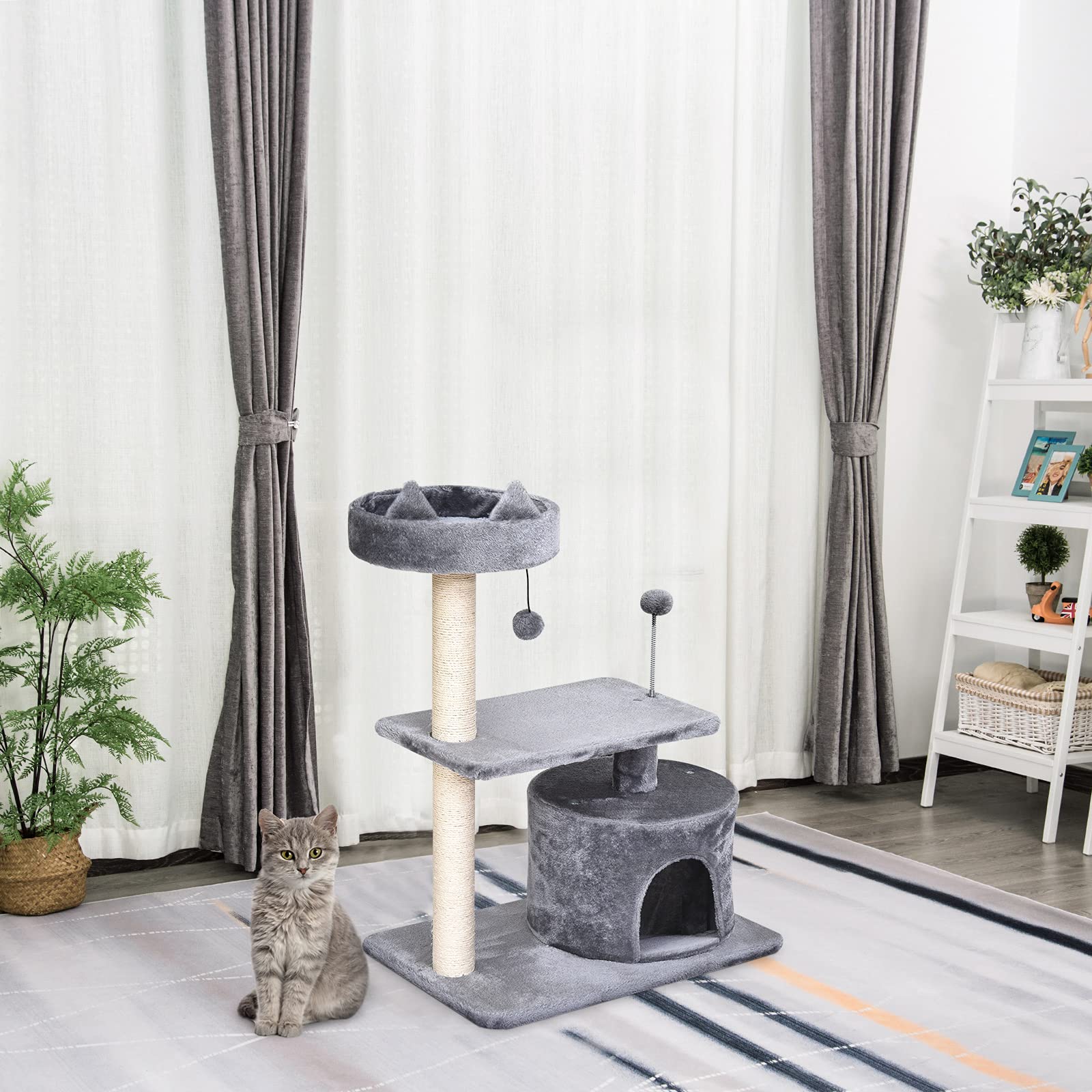 PawHut Wielopoziomowe drzewo dla kota drapak drapak wieża wspinaczkowa kotek centrum aktywności mieszkanie okoń platformy do skakania szare 61 dł. x 41 szer. x 81 wys. cm