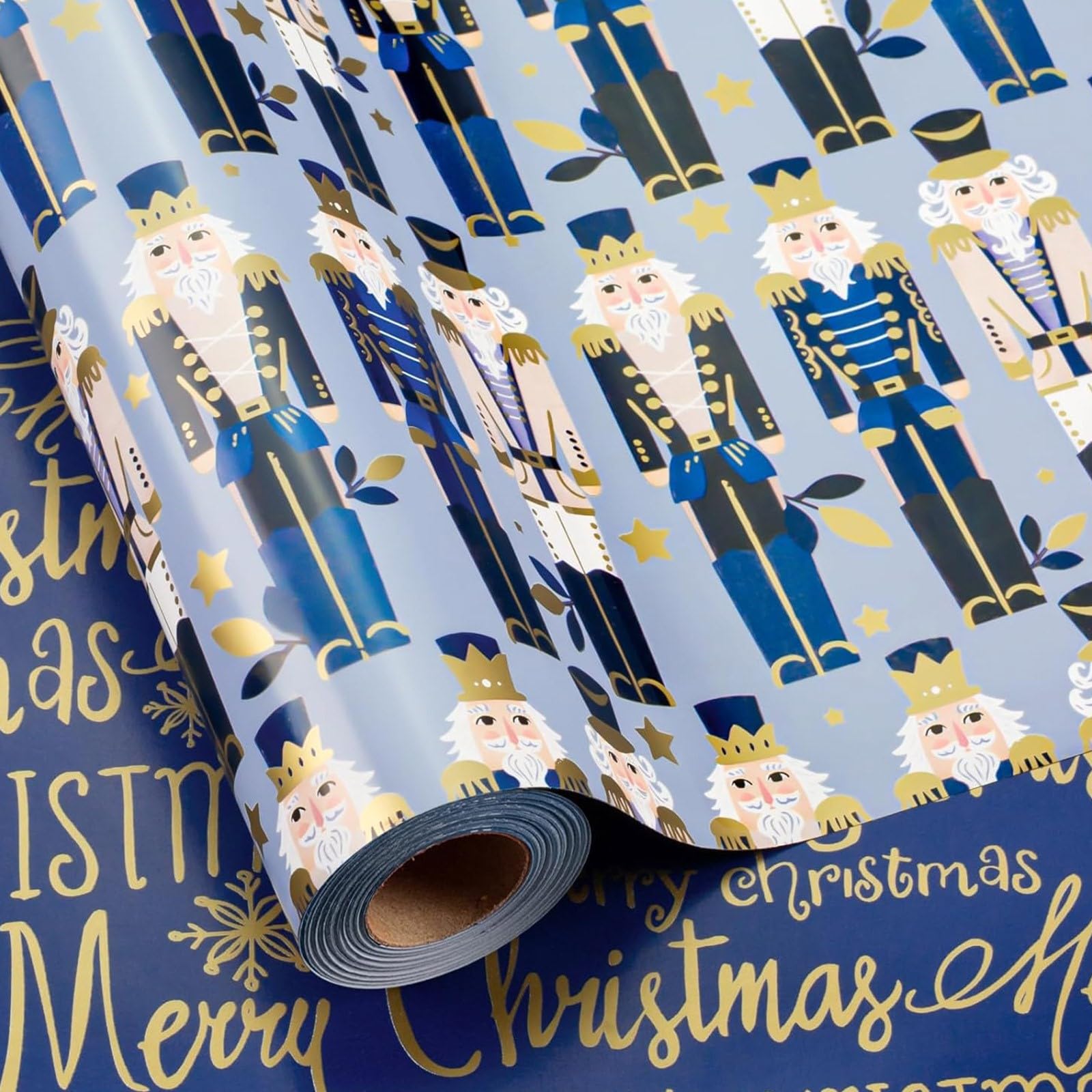 Wikadlik Reversible Christmas Wrapping Paper - Mini Roll - Luxurious Blue Nutcracker Gift Wrap for Winter Holiday Festive Party - 43cm x 10m