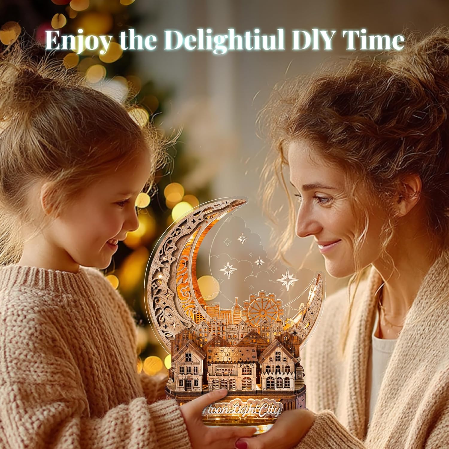 3D DIY Puzzle Moon City Model - LED 3D Wood Puzzle - 3D Wooden Puzzles for Adults Home Décor Gifts for Kids and Adults, Brown