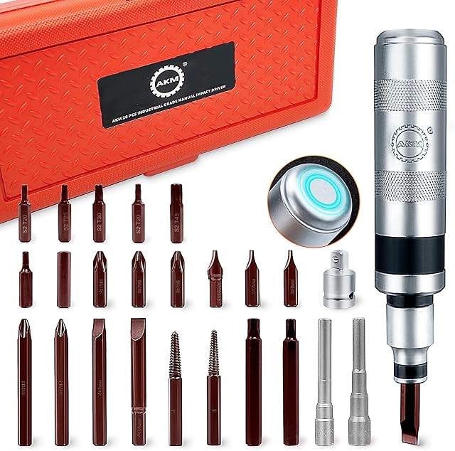 AKM Main manuelle Réversible Ensemble de pilotes d'impact Extractor-26 PCS Tournevis à impact S2 Acier Hex Phillips tournevis à fentes Bits beaucoup plus durable désengage Fermetures rouillées ou boulons congelés
