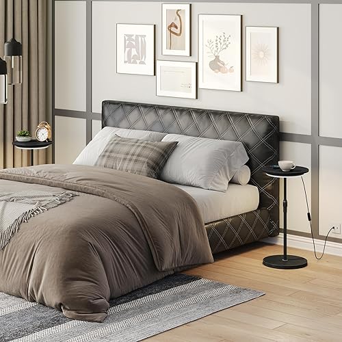 Miniatura 7 de Mesa auxiliar redonda pequeña, mesa de bebida de altura ajustable, mesa auxiliar de pedestal con luz LED y tapete para tazas, mesa de café Martini,