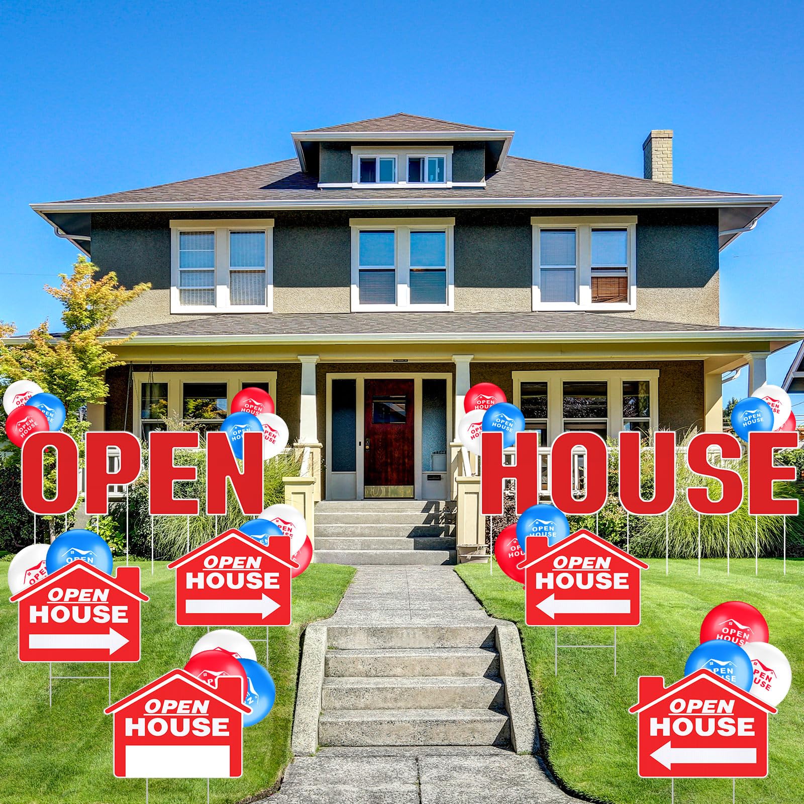 Juexica 44 Pcs Open House Signs Set 5 Pcs 12" x 16" Double Sided Real Estate Sale Plastic Yard Sign with Stake 9 Pcs 12.5" x 18" Double Sided Open House letter 30 Balloon Real Estate Agent Supplies