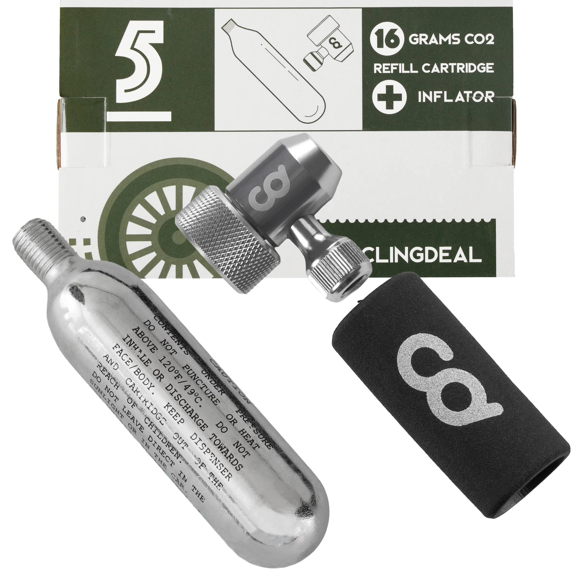 CyclingDeal Bike CO2 Inflator + 5x16g Threaded CO2 Tire Air Cartridges Bundle - Safe & Secure - Compatible with Presta and Schrader Valves - Quick & Easy Bicycle Tire Pump for Mountain & Road Bikes