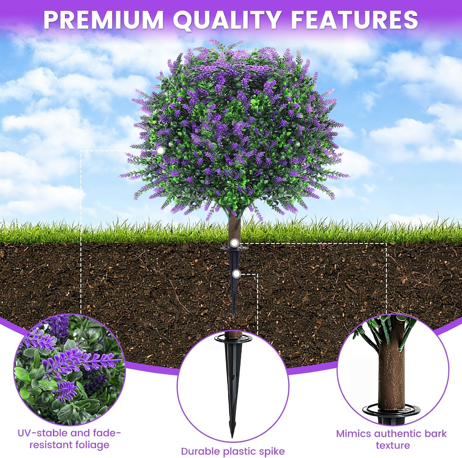 2-Pack Artificial Lavender Topiary Balls, Ground Spikes, UV Resistant