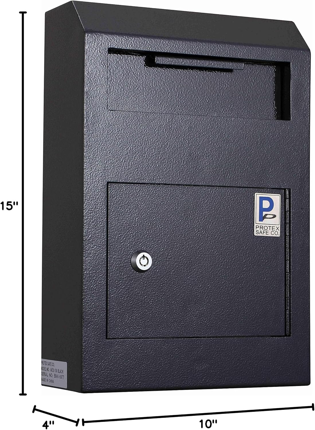 Protex Wall-Mount Drop Box Safe (WDS-150), Piano hinge, secure suggestions, ballots, keys, mail, money, rent checks and more, Metal baffle to protect slot, Black