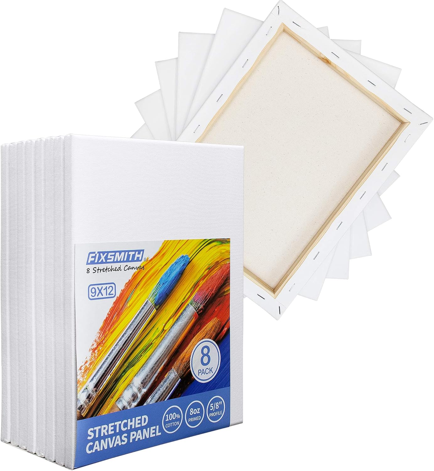 FIXSMITH Stretched White Blank Canvas - 9x12 Inch, Bulk Pack of 8, Primed,100% Cotton, 5/8 Inch Profile of Super Value Pack for Acrylics,Oils & Other Painting Media. - Image 5