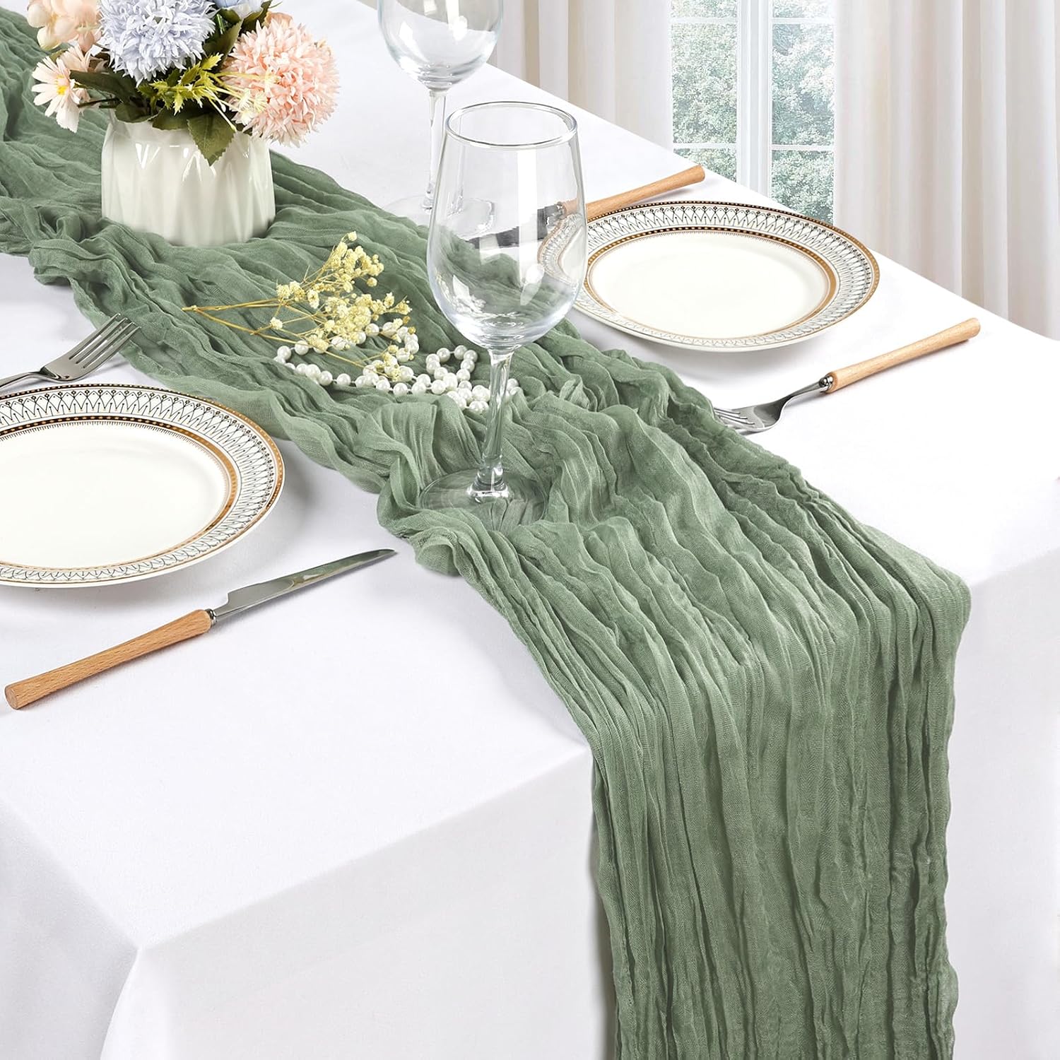 12 Pack Sage Green Cheesecloth Table Runner 17 x 108 Inch | Boho Gauze Cheese Cloth Fabric Rustic Sheer for Holiday Baby Shower Party Birthday Home Wedding Decoration