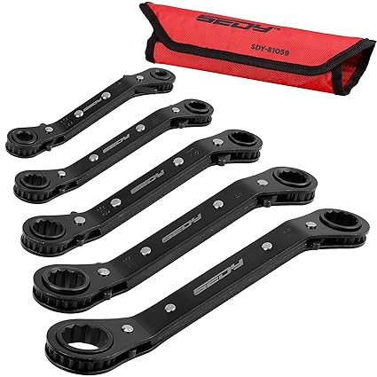 Ratchet Box Wrench SAE Set - 5-Piece Ratcheting Head Reversible Double Offset Wrenches Socket Spanner Tool Adjustable Direction Box End Universal Stubby Handle Angle Head