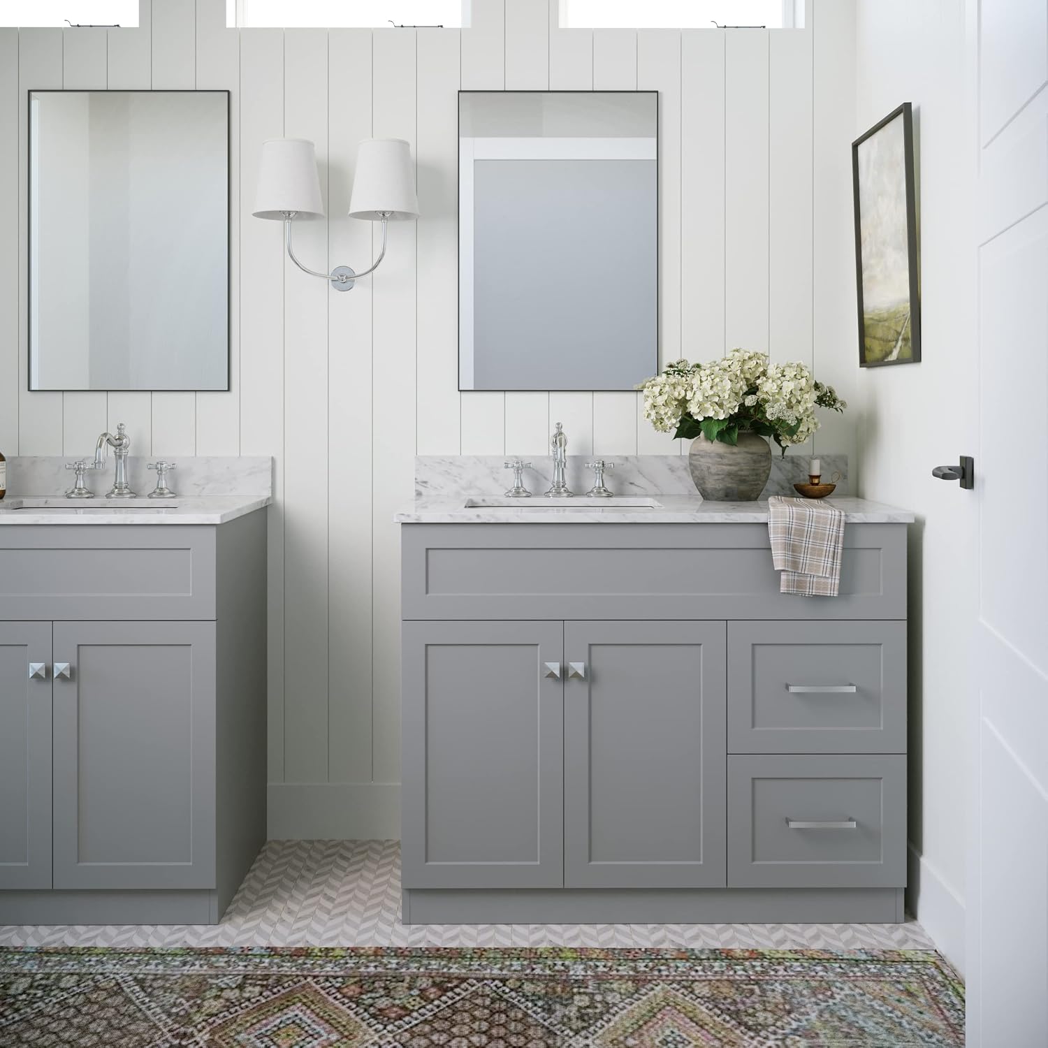ARIEL Hamlet 42-inch Bathroom Vanity with Sink,Solid Wood, 0.75-inch Italian Carrara Marble Countertop & Backsplash, Single Oval Porcelain Sink, 2 Soft Closing Doors, 2 Dovetail Drawers, Grey