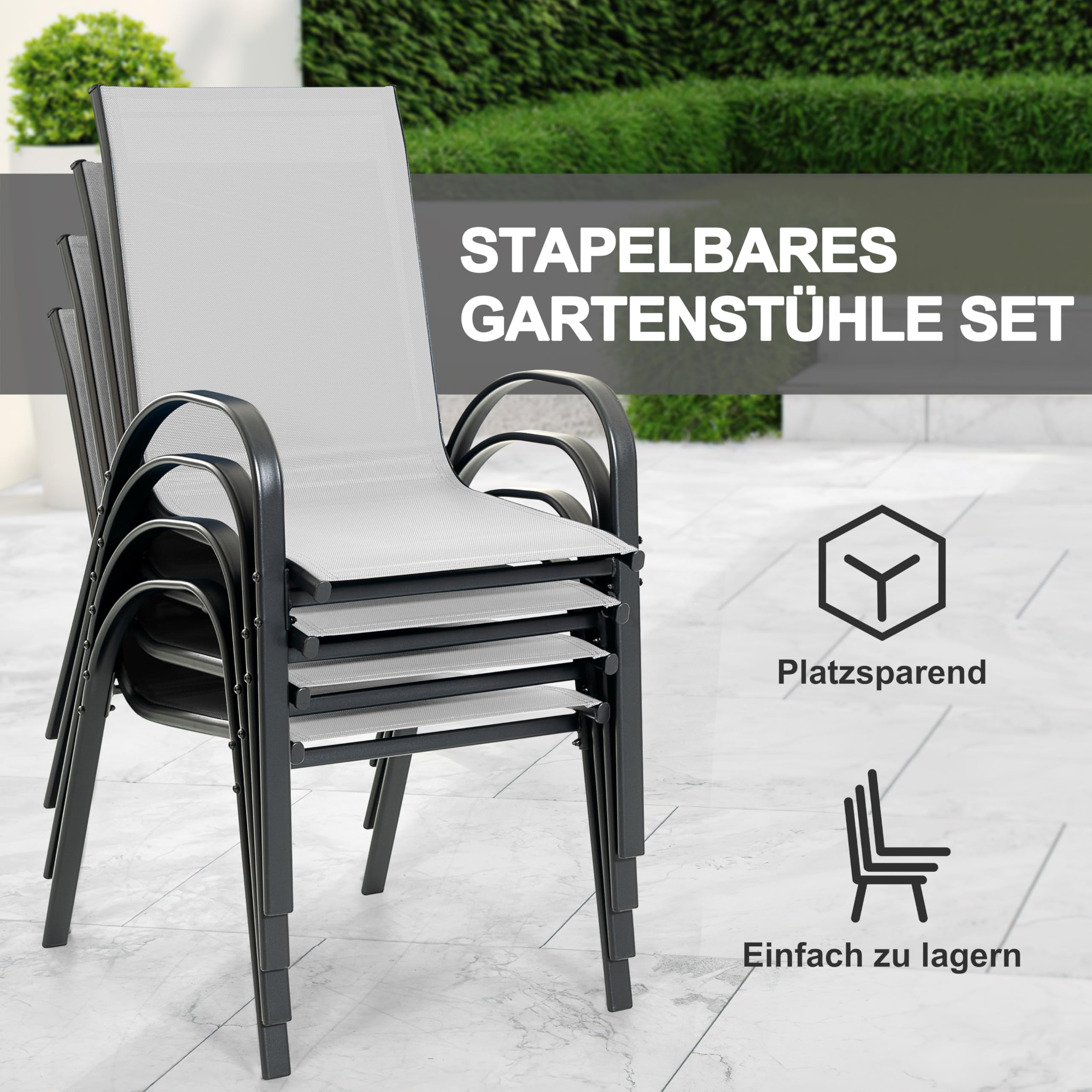Avestar 5-teiliges Gartenmöbel Set, Garten-Essset für 4 Personen, 4 stapelbare Stühle und EIN quadratischer Tisch aus Metell, für Rasen, Balkon, Garten, grau und schwarz