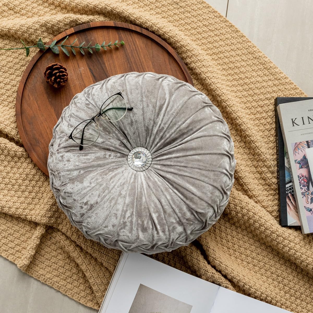 Round Throw Pillow 13.7 inch Ice Velvet Pleated Round Filled Pillow Home Decorative Pumpkin Throw Pillow Cushion for Sofa Couch Chair Bed Car Floor, Grey