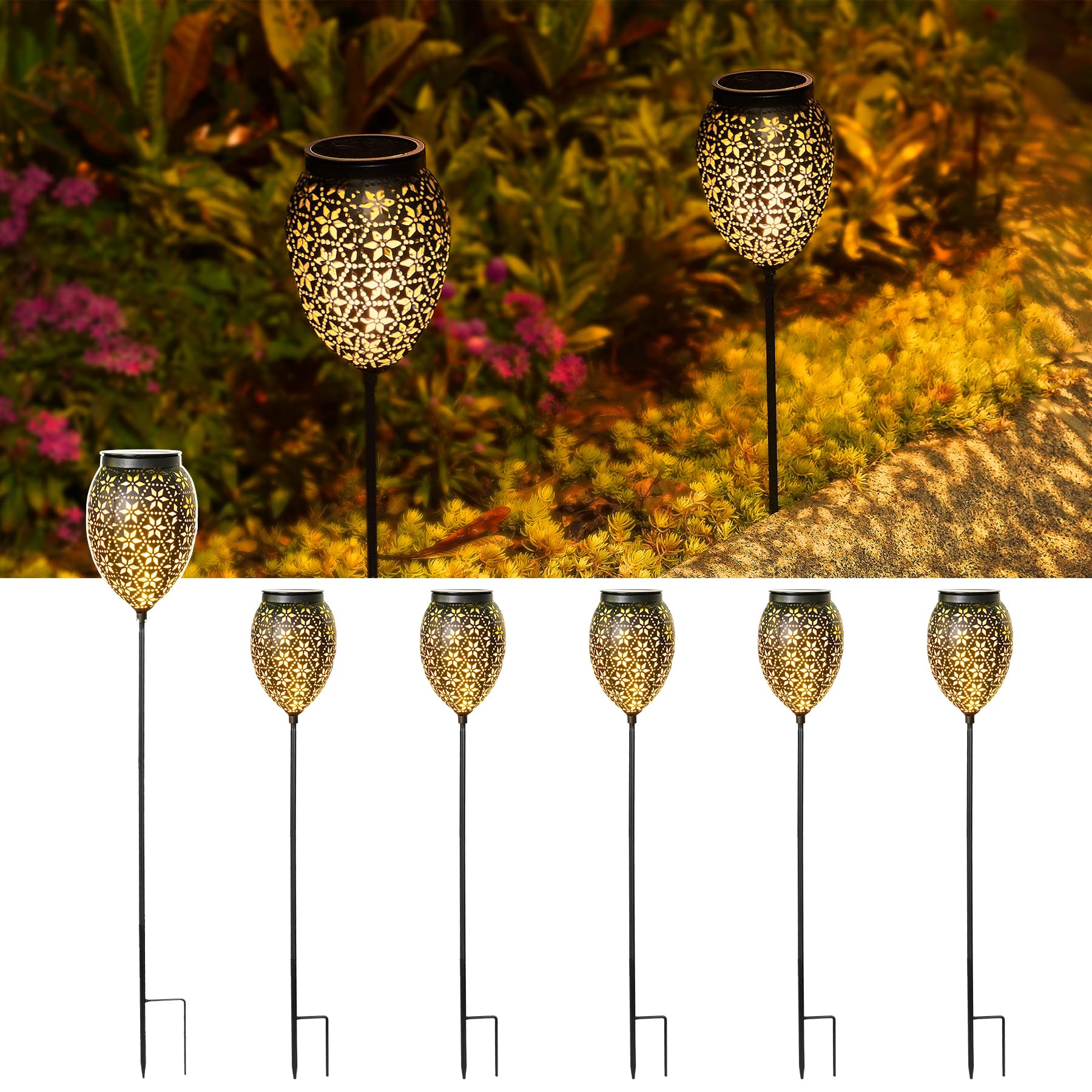Garten Solarleuchten für Außen Metall 6 Stück, LED Solarlampen für Außen Garten IP65 Wetterfest, Höhenverstellbar Solar Gartenleuchten für Außen Vintage für Weihnachten Weg Terassen Balkon Deko
