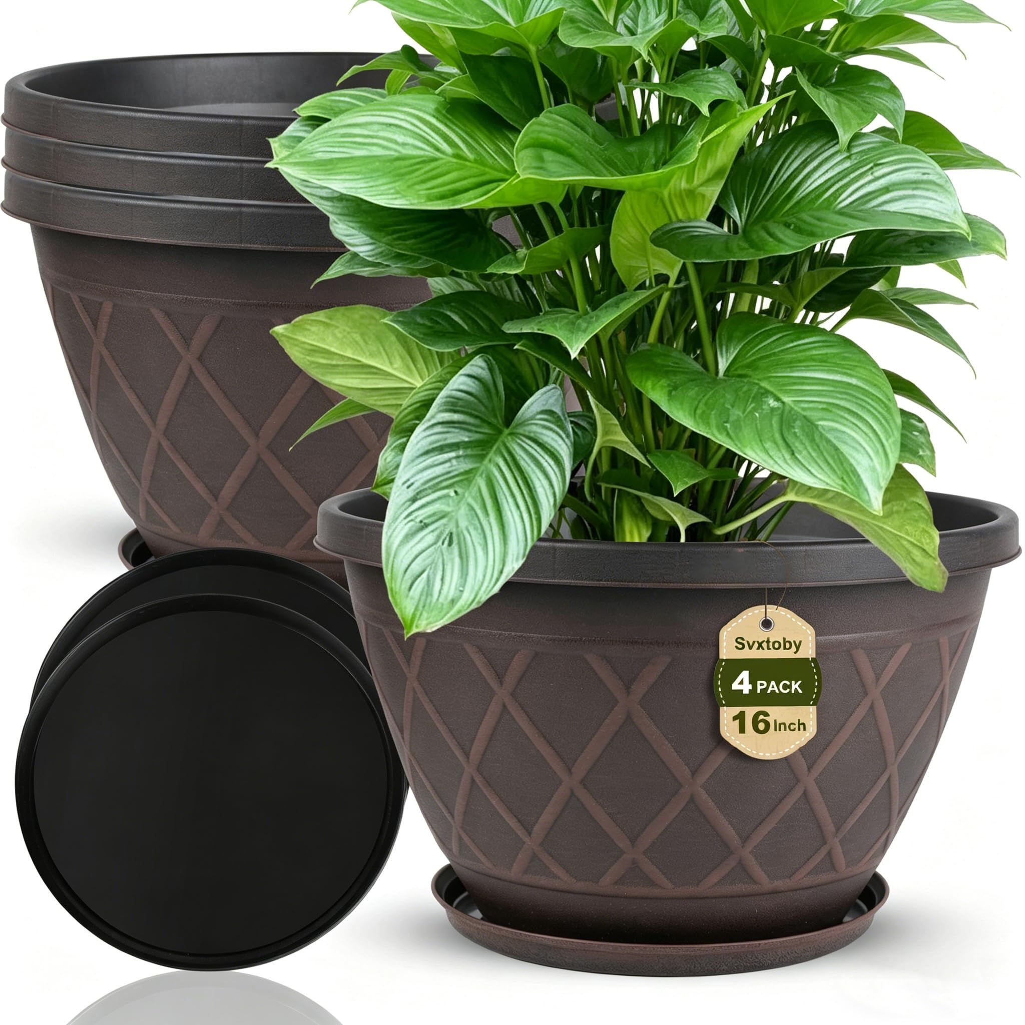 Svxtoby 4 Pack 16 Inch Large Plastic Plant Pots with Drainage Holes & Saucers