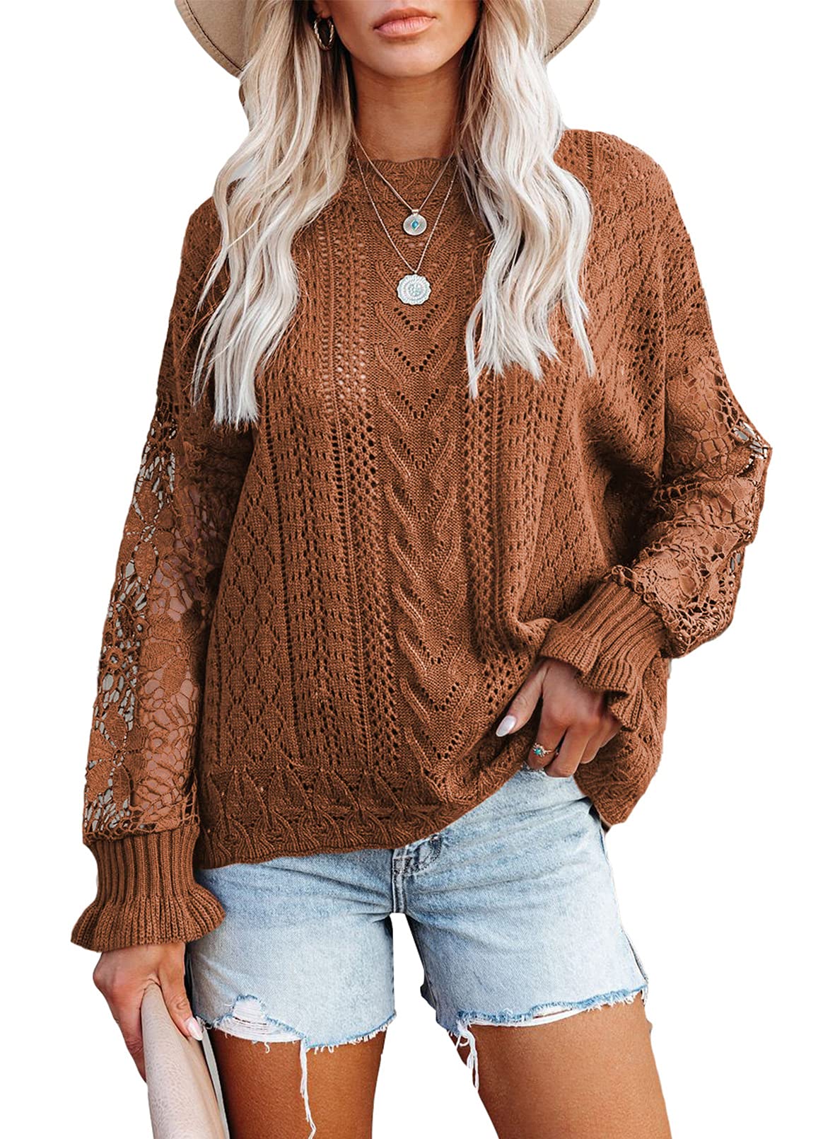 Strickpullover Damen mit Fledermausärmel aus Spitze, Rundhals Einfarbig Häkelpullover