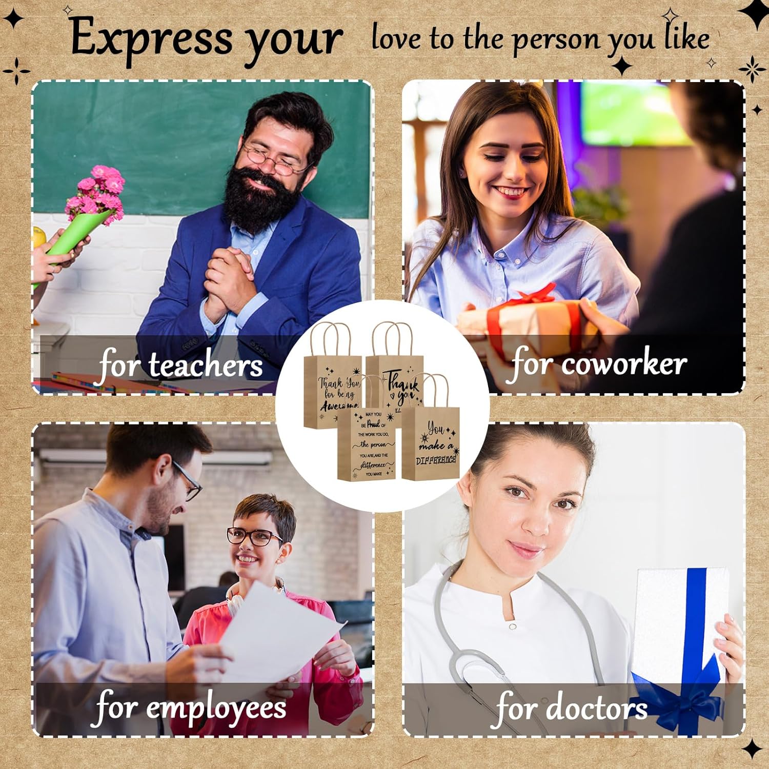 Gueevin 40 Pcs Employee Appreciation Thank You Gift Bags Bulk for Medical Assistant Week Gifts Bulk Customer Service Pastor Day Vet Tech PA Week Team Gift Coworker Staff(Appreciation,Kraft Color) - Image 5