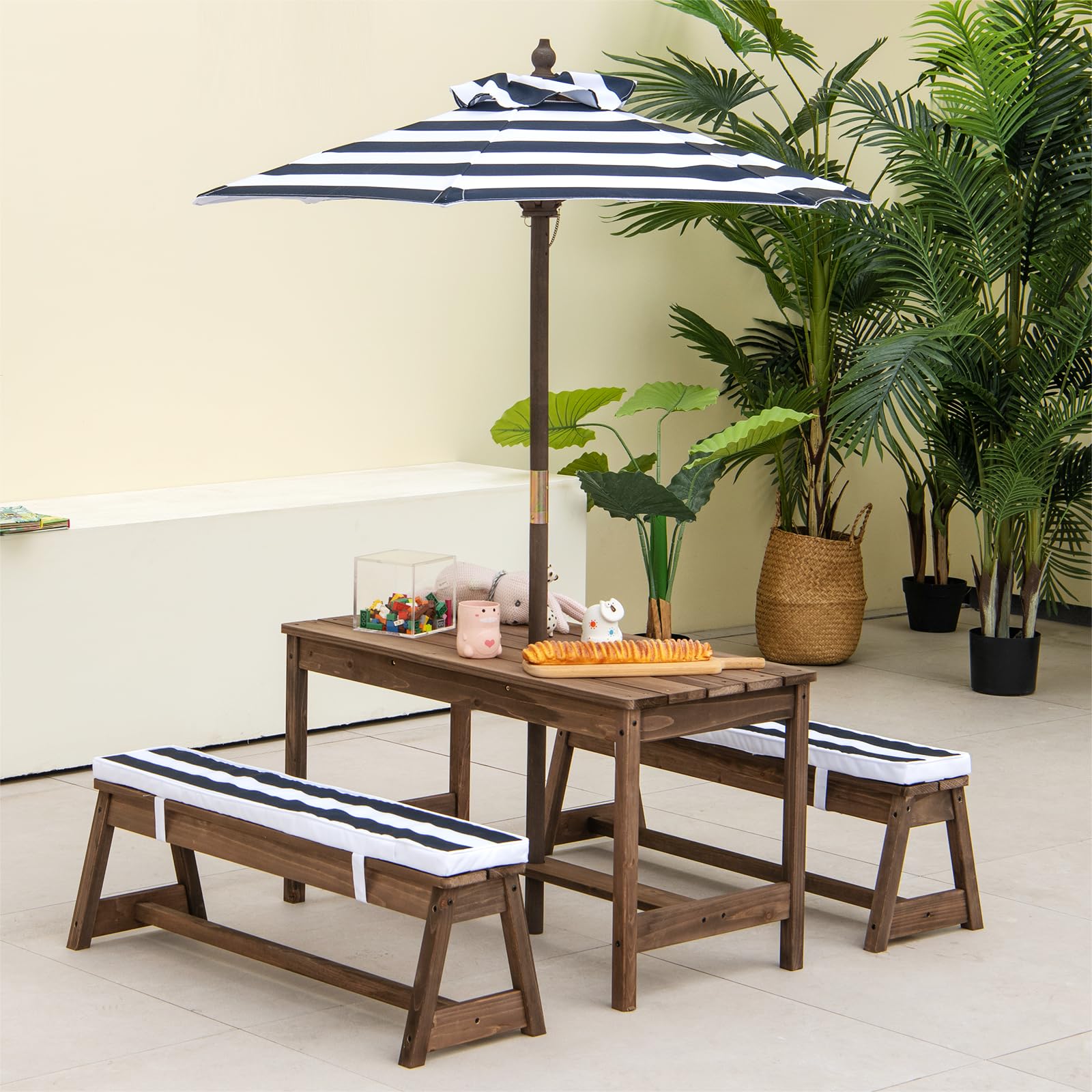 SOARS Ensemble de Table de Pique-Nique pour Enfants avec Parasol Réglable, Table et Bancs en Bois de Sapin pour Enfants avec Parasol et Coussins Doux, Salon de Jardin et Parc (Bleu)