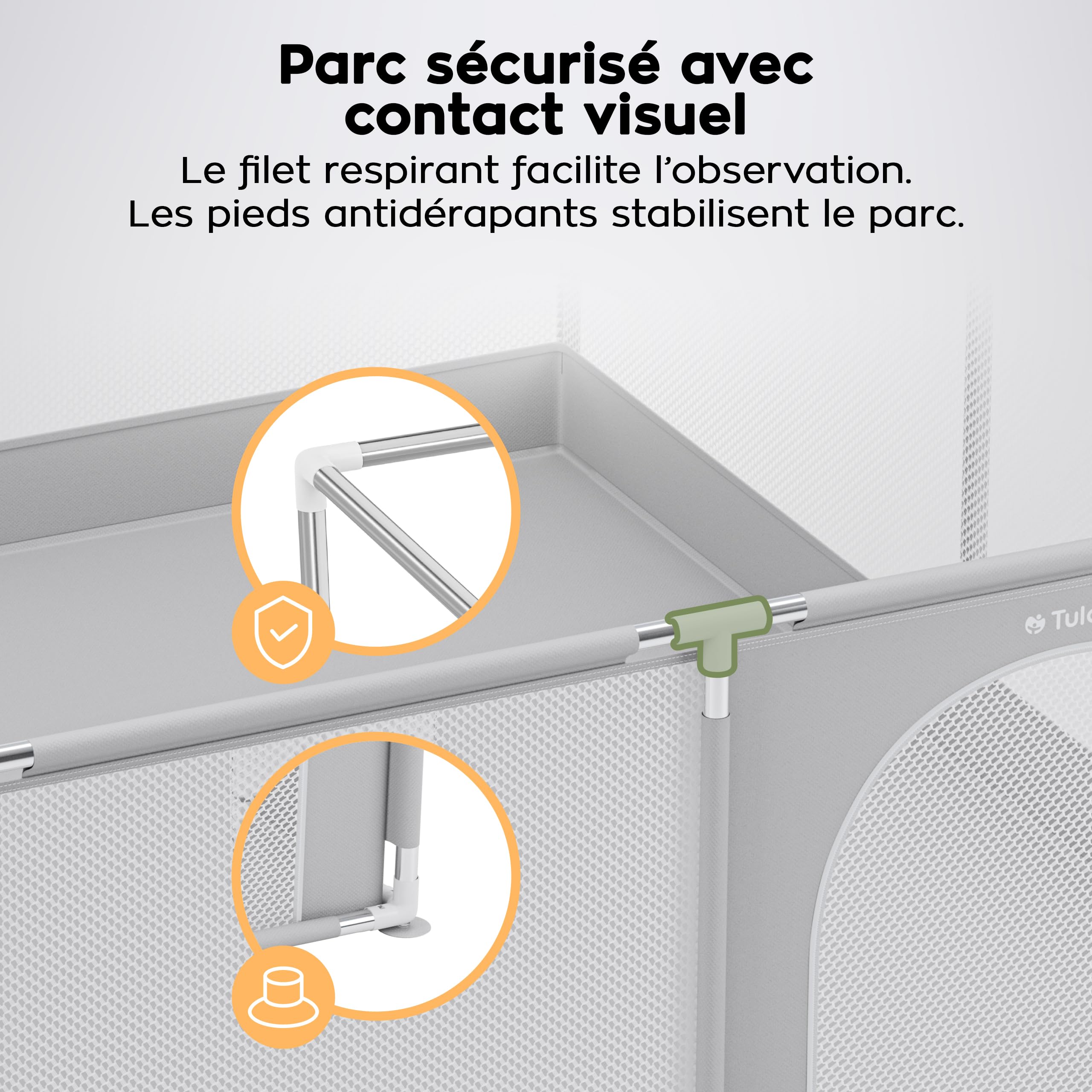 Tulano Cozy 25 – parc bebe xxl – parc enfant pour usage intérieur et extérieur – structure métallique stable – parois en maille – entrée zippée - Sac de Transport – 150x180-6 à 36 mois - Gris