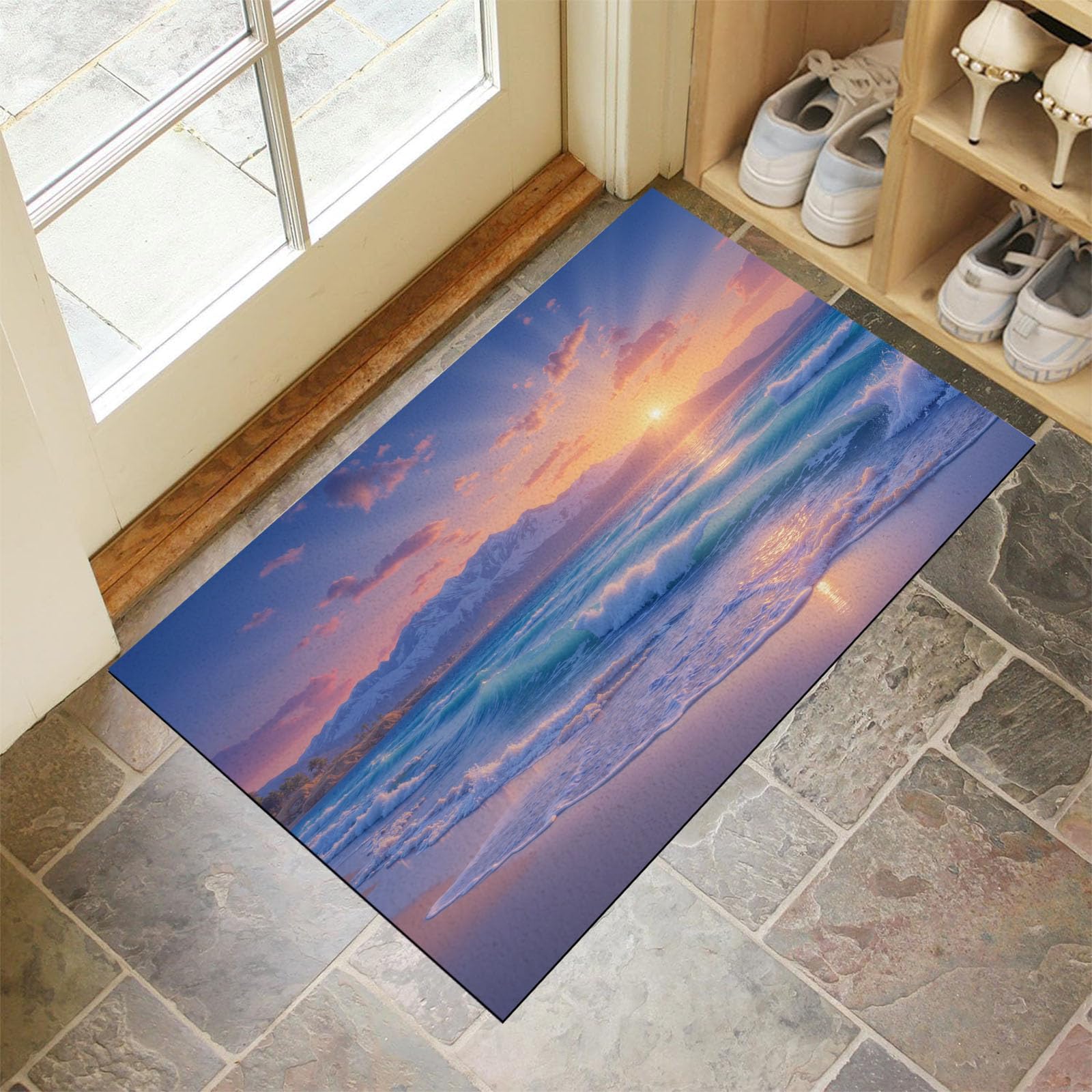 Paillasson bleu-violet coucher du soleil tapis antidérapant lavable pour entrée