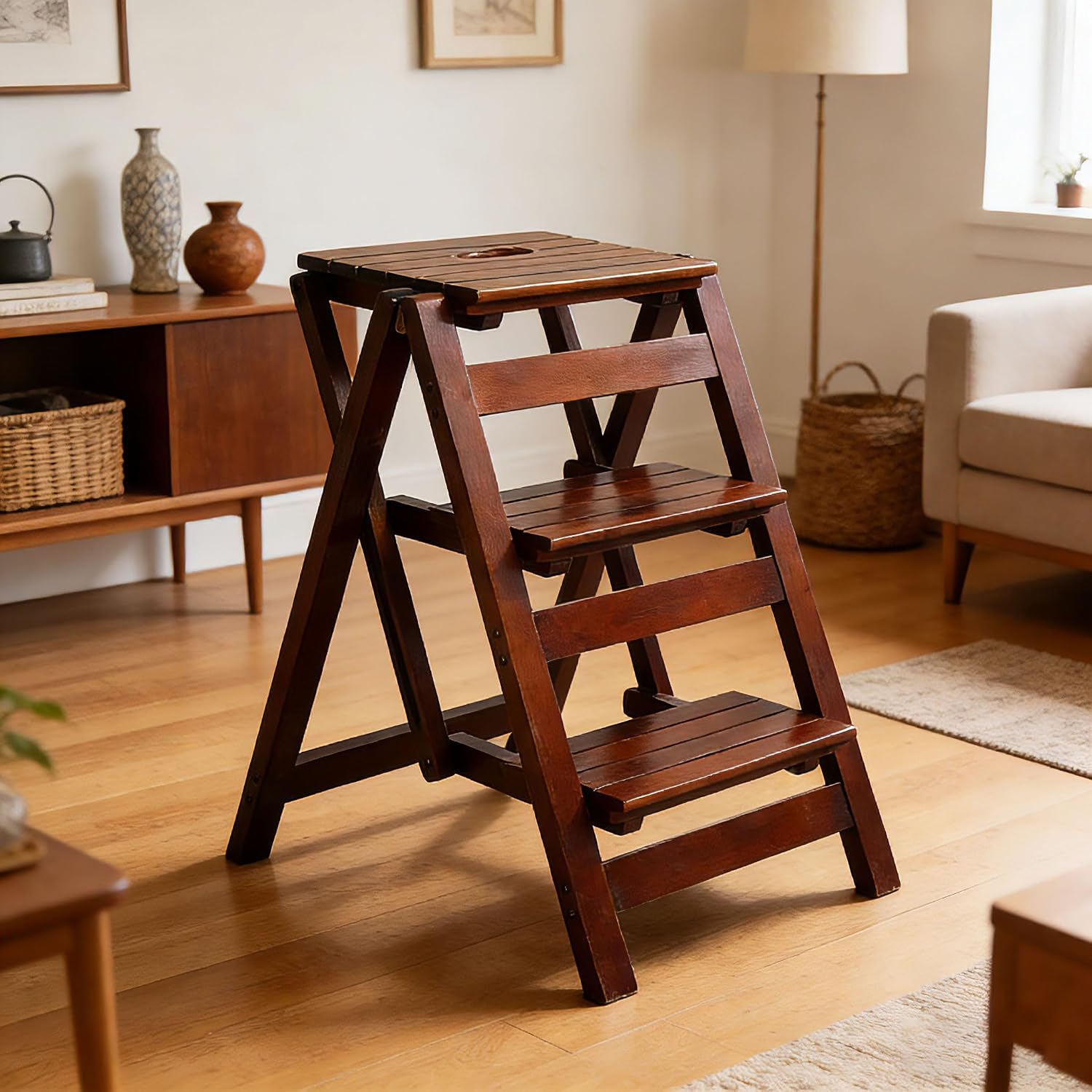 3-Step Wooden Folding Step Stool – Solid Pine Frame, Non-Slip Steps, Anti-Scratch Base, 337lb Capacity – No Assembly Required, Space-Saving for Kitchen & Home – Walnut (Dark Walnut)