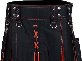 Fashion Utility Hybrid Kilt Black with Red Pleats Trendy Scottish Men Dress Highlander Sports Utility Kilt with Cargo Pockets