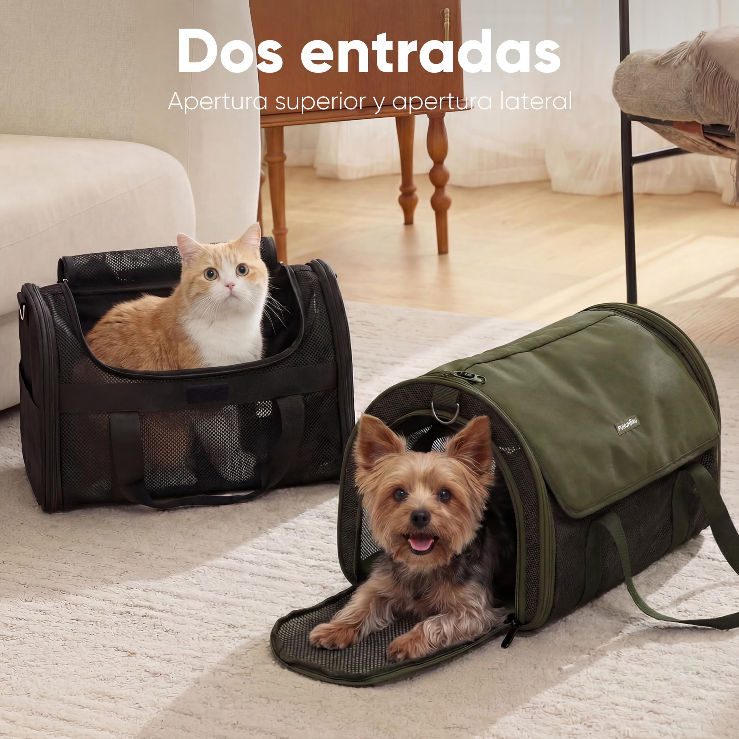 FUKUMARU transportín para Gatos y Perros, pequeño, Ligero y Transpirable, 46 x 28 x 28 cm, homologado para Viajar en Cabina, Plegable y Blando, con Malla antirrascado, Color Verde