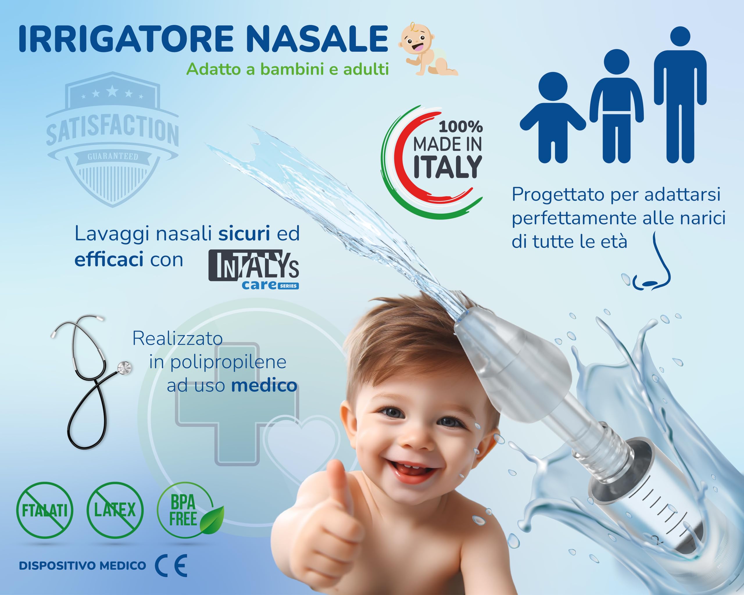 Rino Set Lavaggio Nasale Bambini e Adulti, Kit Pulizia Naso Made in Italy con Siringa e Irrigatore per Soluzione Fisiologica (1 Siringa, 3 Olive)