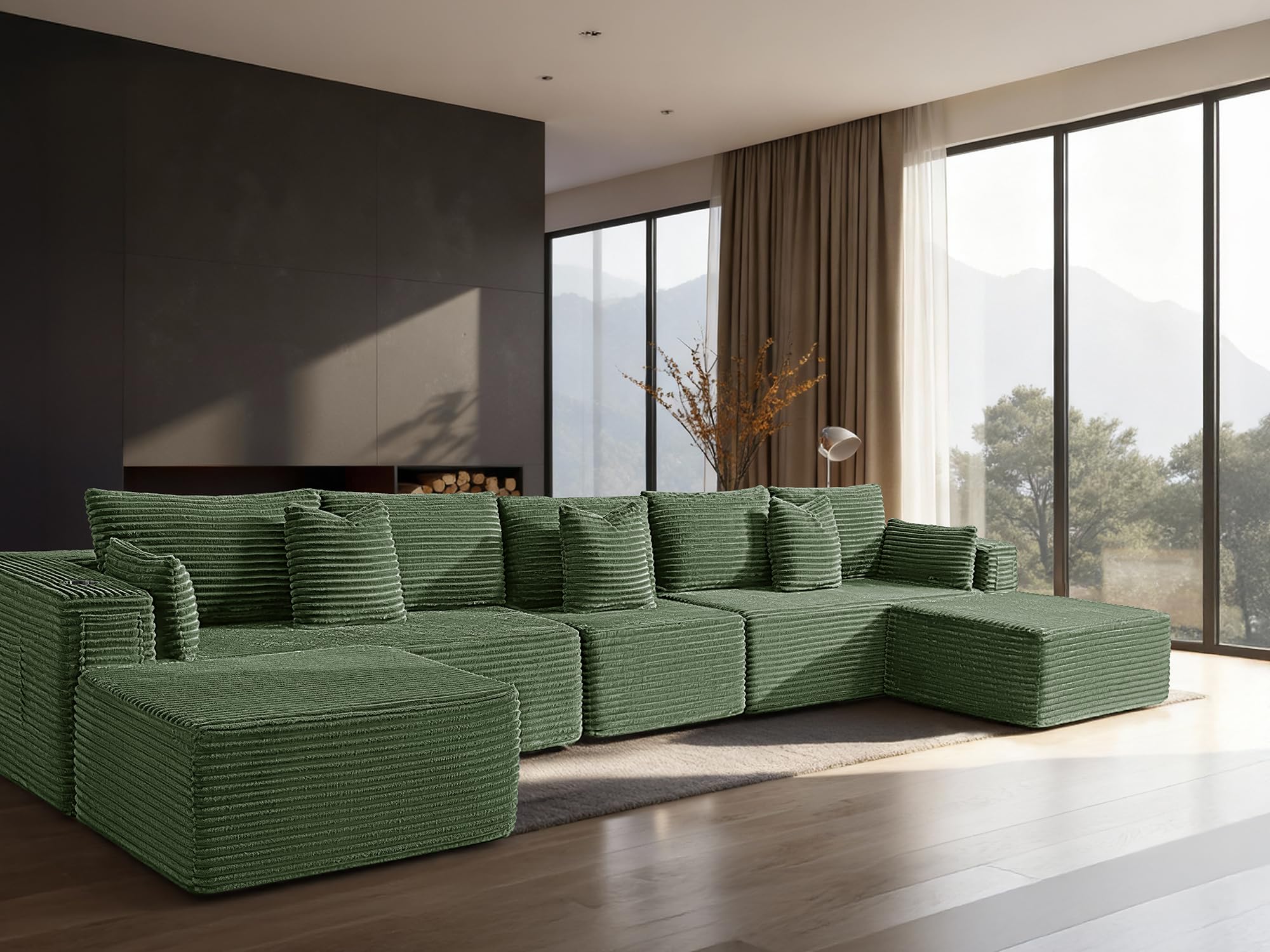 168" Cloud Sectional Couch, Comfort U Shaped Sofa for Living Room, Extra Deep Seats No Assembly, Minimalist Modular Couch, Corduroy (Olive Green, 7 Seats,U-Shape A)