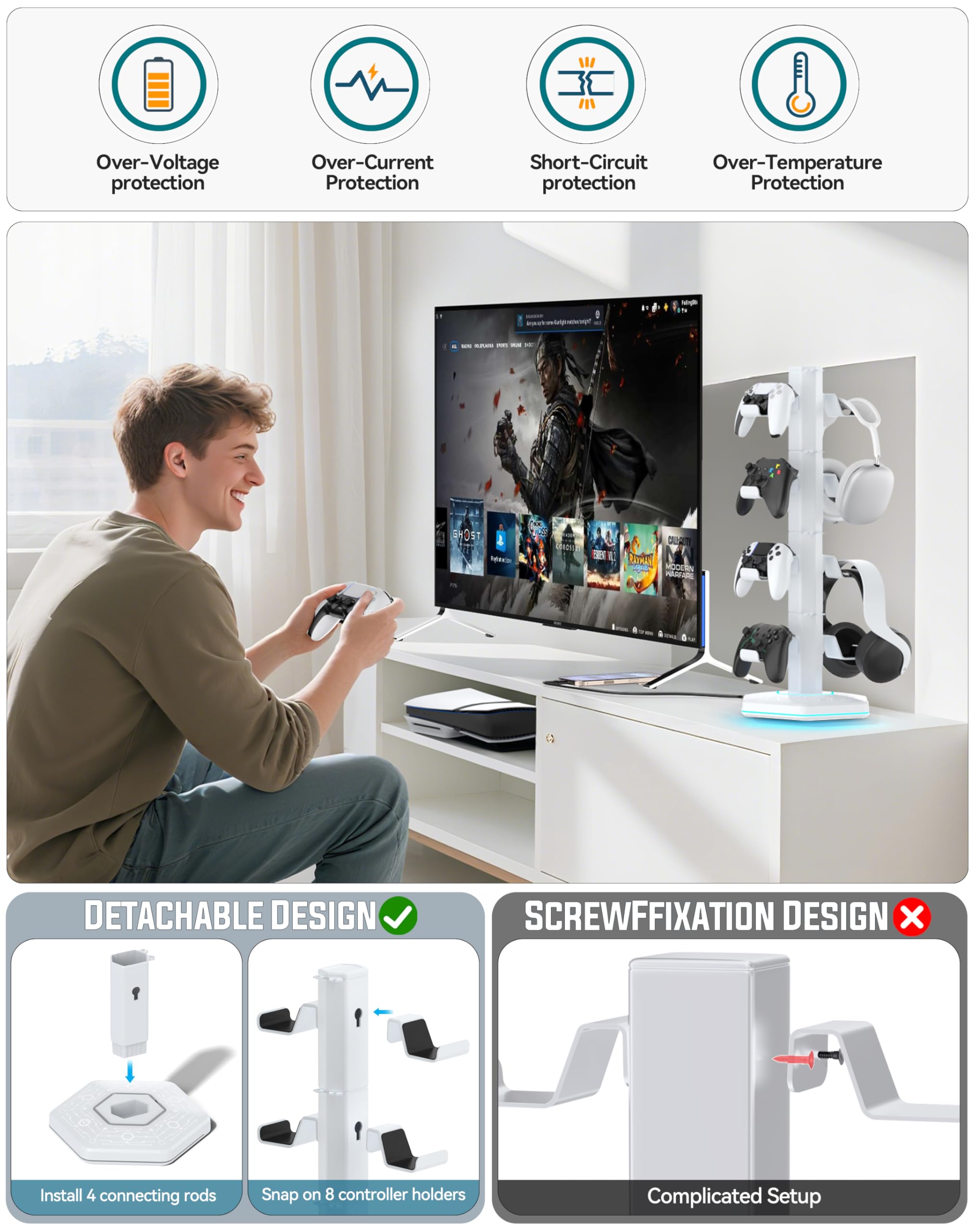 4 Tier Supporto per Controller RGB con 9 Modalità di Illuminazione, Supporto Cuffie Gaming con 2 Porte USB 3.0 e Organizer per Cavi, Stand per Cuffie, Bianco